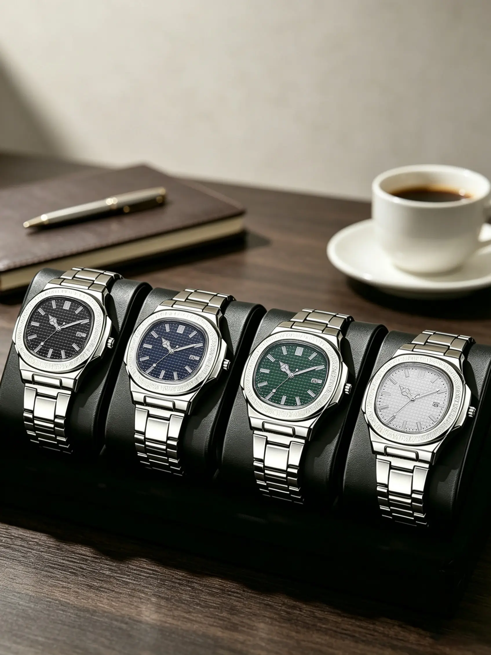 Men's Casual Luxury Business Quartz Watch Set, Casual Business Wristwatch, Round Analog-Digital Dial, Silver Color, Stainless Steel Strap, Ideal Gift