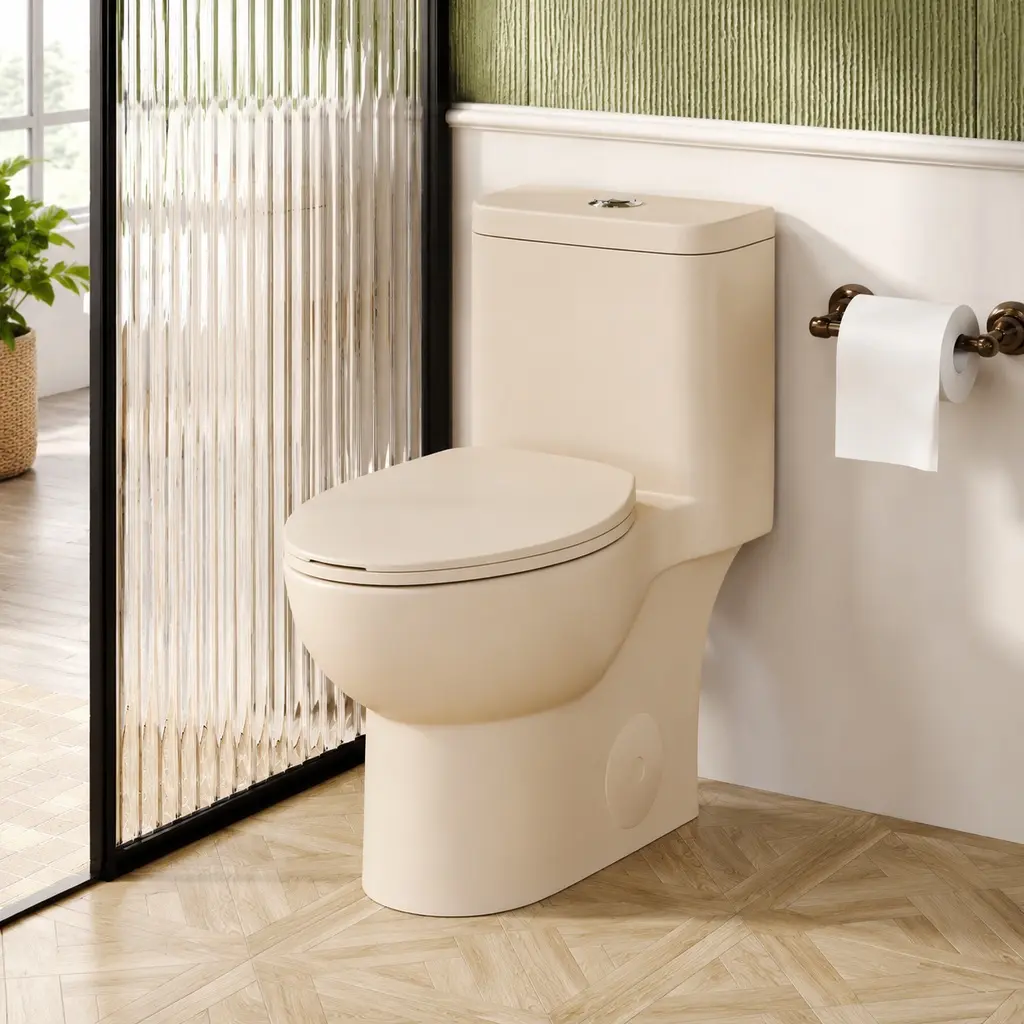 ARCH Modern One-Piece Toilet with Comfort Height ADA 17" Seat, Dual Flush 1.1/1.6 GPF, Siphonic S-Trap 12" Rough-In, Rimless Bowl, Soft Close, Khaki Ceramic, WaterSense Certified, Quiet Bathroom Commode, khaki Color Options, Ceramic Tile+Iron Materia