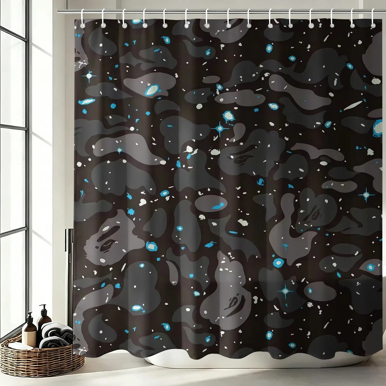 Black Starry Camouflage Cartoon Ape Texture Dark Trendy Cool Waterproof Oxford Fabric 72-Inch 12 Hooks-No-Drill Easy Install Privacy Bath Curtain-For Home/Dorm/Gaming Room Bathroom Decor Shower Curtain Series