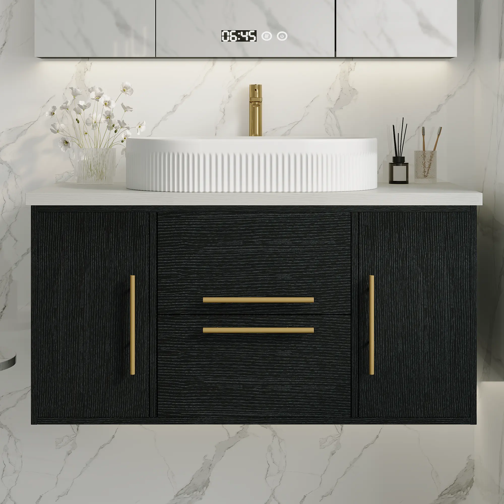 Nokaa 39.4 in Modern Floating Bathroom Vanity Wall-Mounted Cabinet with Ceramic Vessel Sink, Soft-Close Drawers, Moisture-Resistant Plywood, Black/White Color Options, Space-Saving Storage for Small Bathroom