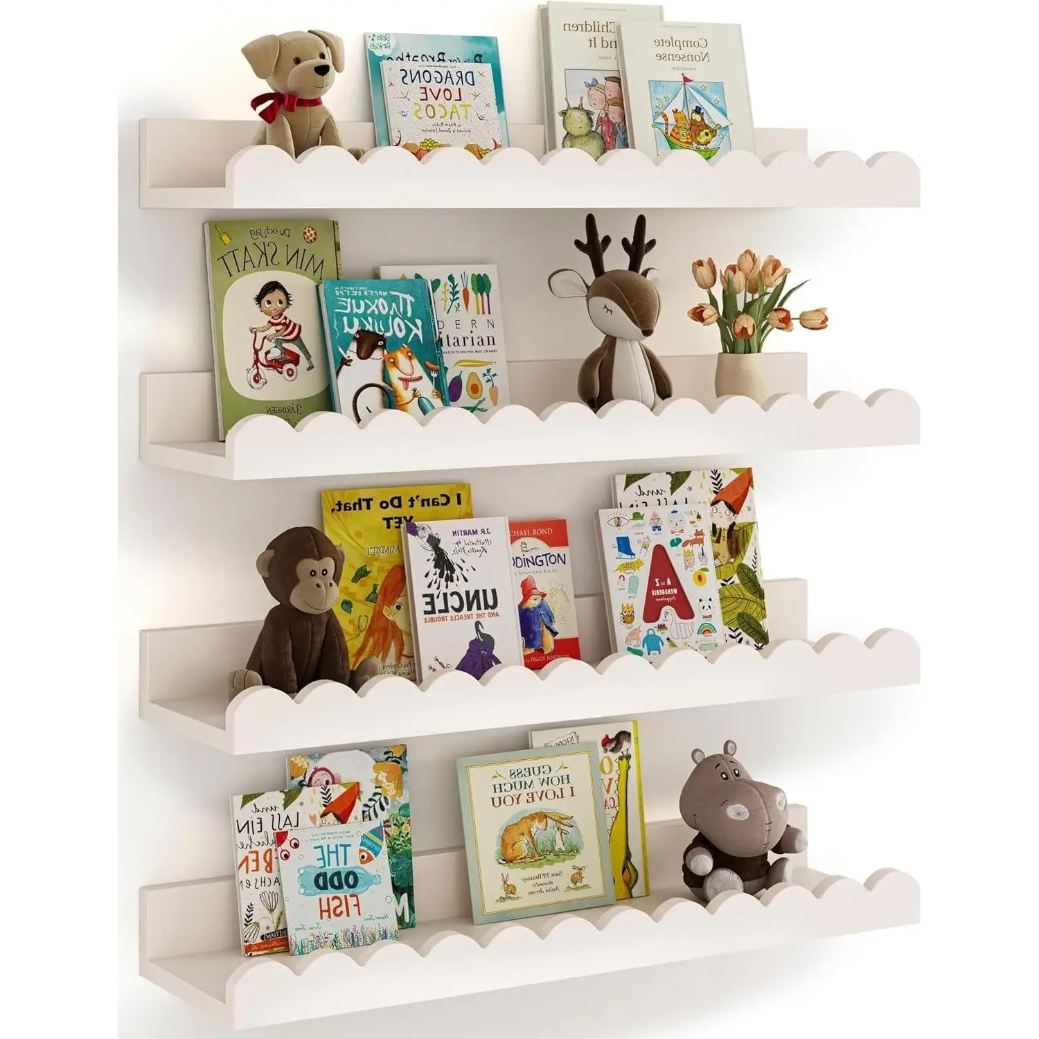 4-Pack White Scalloped Floating Bookshelves for Wall, Kids Book Shelves, Nursery Toddler Baby Room DecorGift
