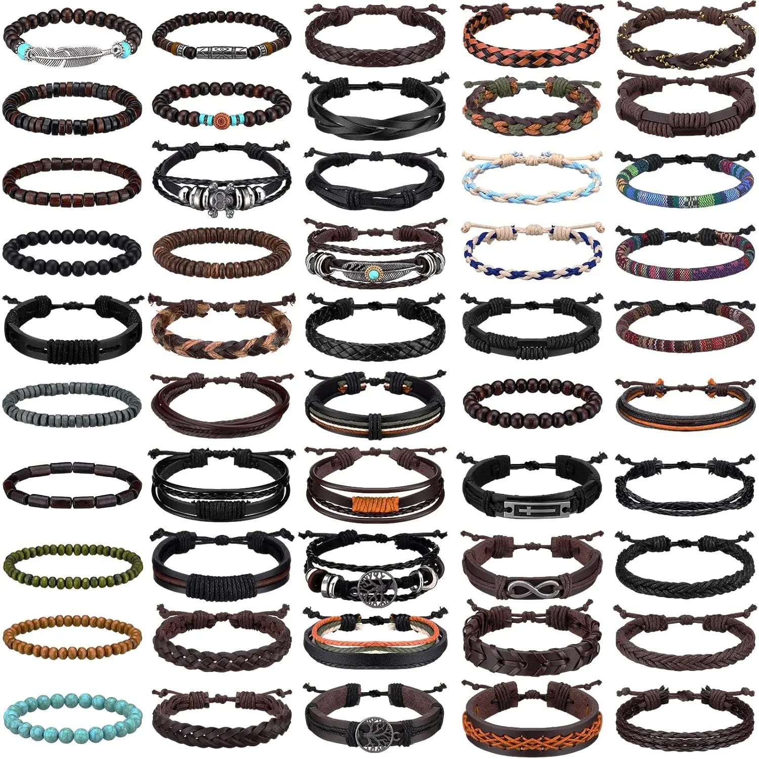 50 count Braided Leather Bracelets for Men Women Wrap Wooden Bead Cuff Bracelet  Cords Ethnic Tribal  Wrap Wristband Bracelets Set Adjustable for Personal Wearing