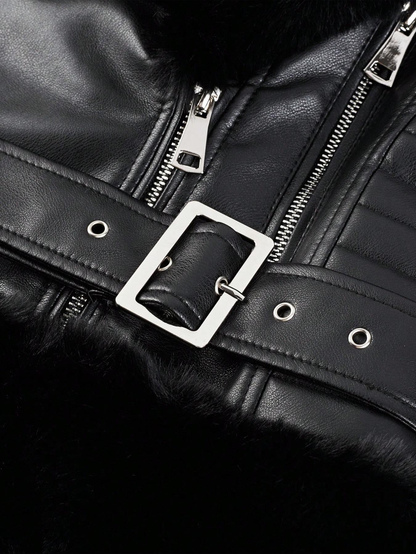 Women's Fall Winter PU Jacket, Vintage Style Fitted Long Sleeve Coat, Warm Daily Wear with Adjustable Waist Belt, Casual Plain Design