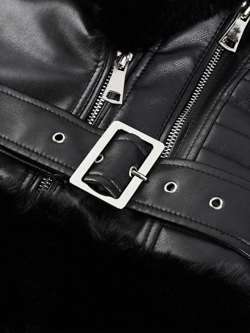 Women's Fall Winter PU Jacket, Vintage Style Fitted Long Sleeve Coat, Warm Daily Wear with Adjustable Waist Belt, Casual Plain Design