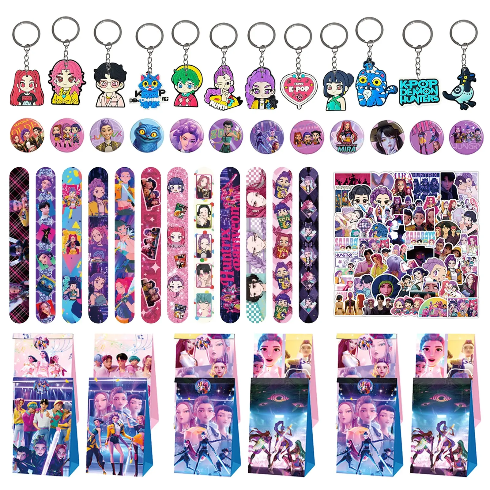 Korean cartoon girl group dopamine party favor set, 5-piece set, including 12 cartoon keychains, Cute Keychain, 12 cartoon wristbands, 12 gift bags, 12 cartoon badges, 50 fridge stickers, all-in-one matching, creating a delicate and atmospheric party