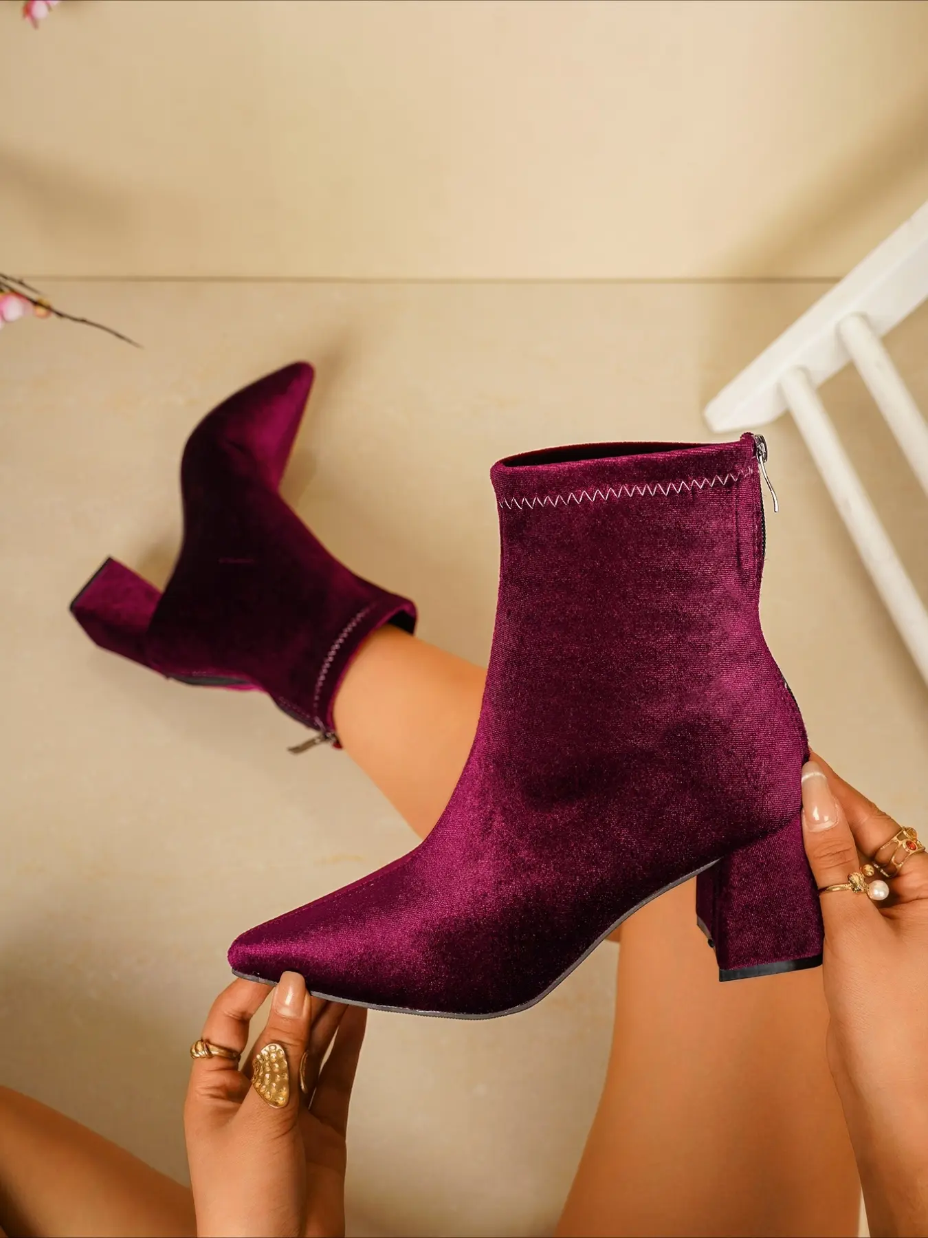 Velvet pointed toe block heel ankle boots with stitching trim, rear zipper, elegant retro women fashion boots for autumn and winte