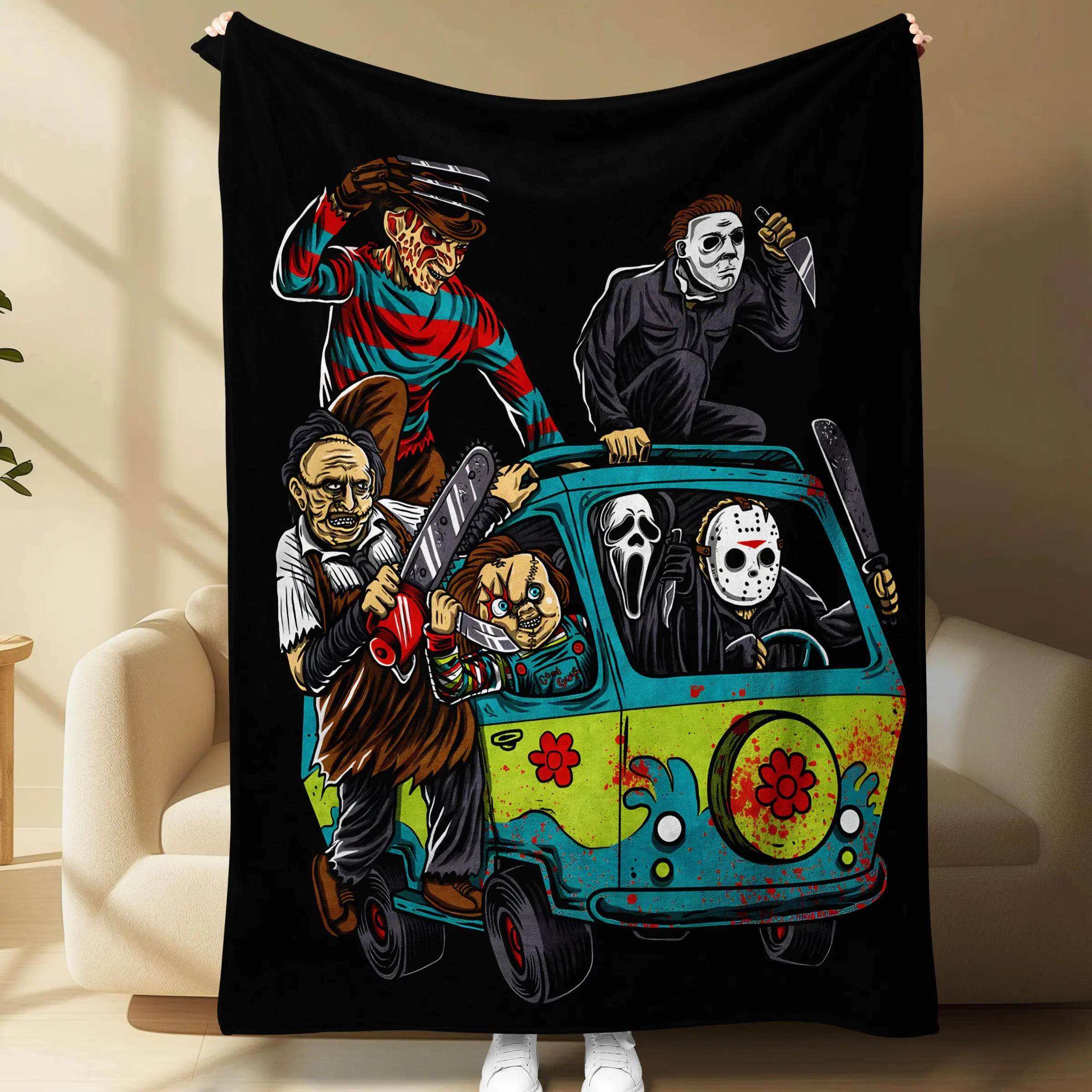 Horror Movie Villains Flannel Throw Blanket, Freddy Krueger, Michael Myers, Chucky, Ghostface, Jason, Soft Cozy Warm, Halloween Decor Gift