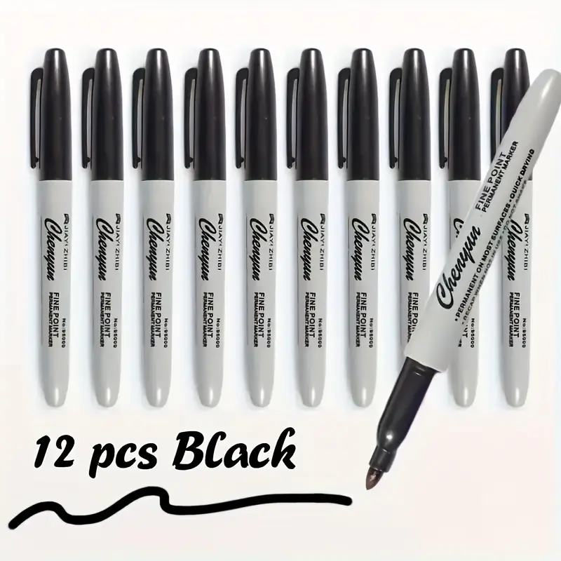 Quick-Dry Waterproof 12pcs Fine Tip Permanent Black Markers - Ideal for Stationery & Gift Packaging