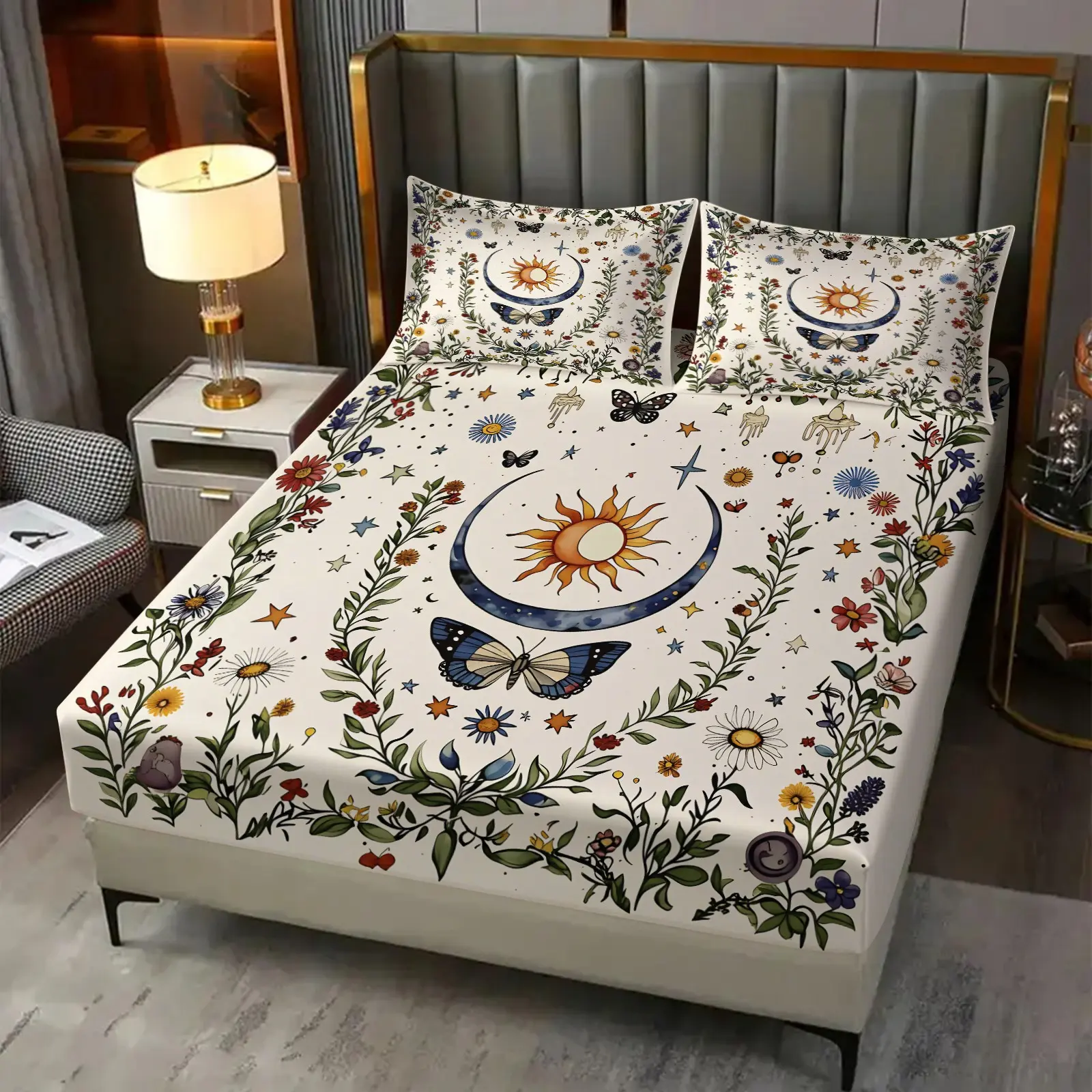 Boho Sun Moon Wildflower Ring Butterfly Print Fitted Sheet Set, Vintage Plant Astral Floral Design, Durable Comfortable Mattress Protector, Soft Microfiber Deep Pocket Design, Unique Gift For Nature Lovers