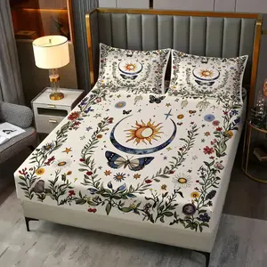 Boho Sun Moon Wildflower Ring Butterfly Print Fitted Sheet Set, Vintage Plant Astral Floral Design, Durable Comfortable Mattress Protector, Soft Microfiber Deep Pocket Design, Unique Gift For Nature Lovers