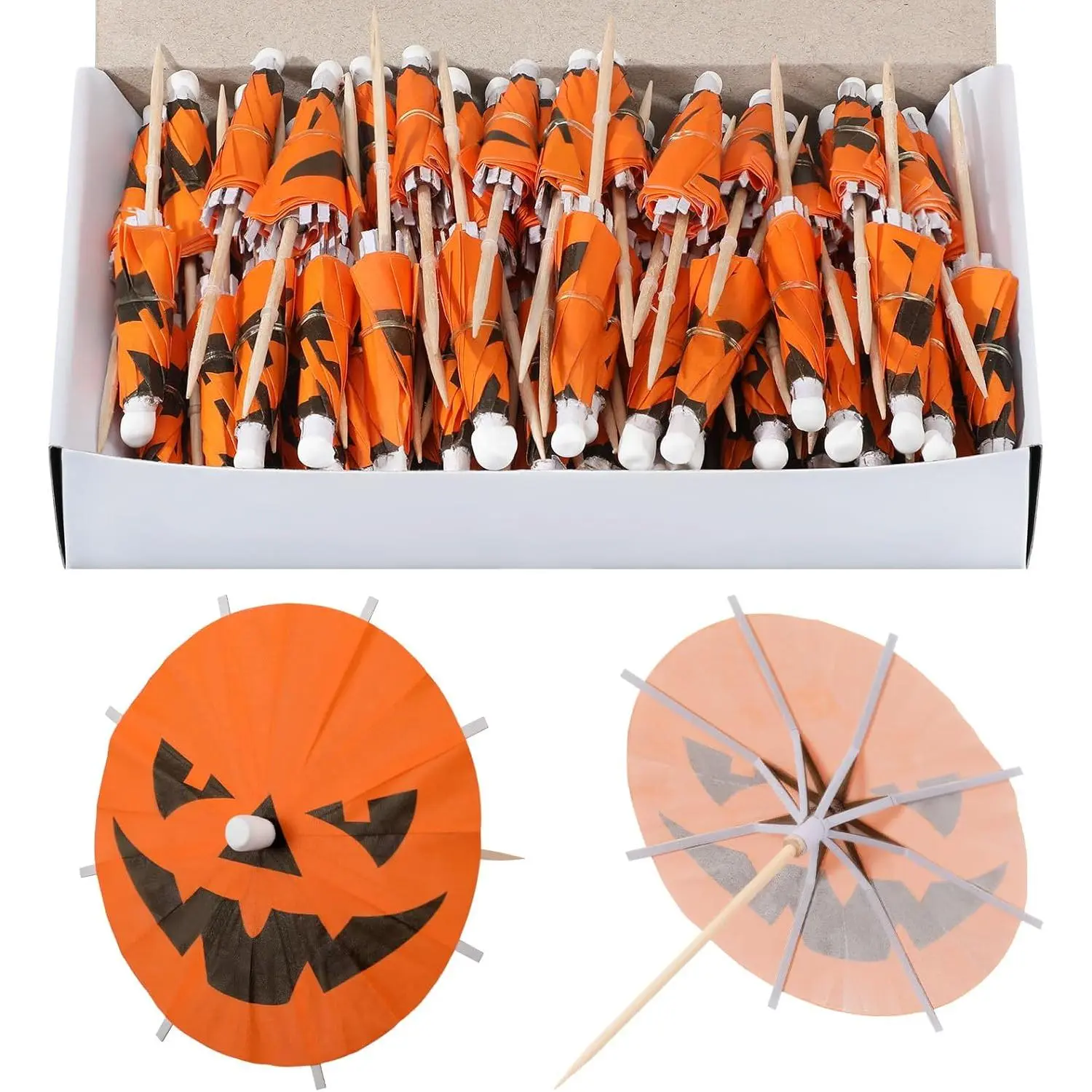 Chengu 100 Pcs Halloween Pumpkin Cocktail Drink Umbrella Picks, Spooky & Colorful Paper Toothpicks with Pumpkins Cocktail Umbrellas Fruit Cupcake Topper Sticks for Halloween Party Decorations
