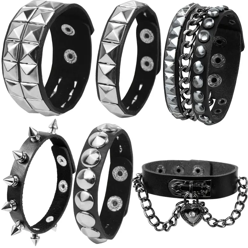 Unisex 6-Pcs Punk Gothic Spiked Rivet PU Leather Bracelet Set - Dark Retro Metal Stud Wide Wrist Cuffs, Stackable Wristbands, Couple Matching Costume Jewelry for Concert, Halloween, Daily Wear, Yes, Stackable Bands, Casual, Spikes Studs