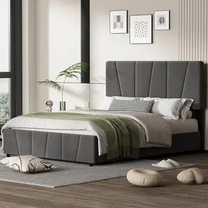 Upholstered cool Bed Frame with Adjustable tall Headboard heavy-duty industrial platform ,Platform Bed with 2 underbed Storage Drawers, durable Wooden Slats sturdy Support, modern farmhouse design， multiple size friend ,  soft plush fabric