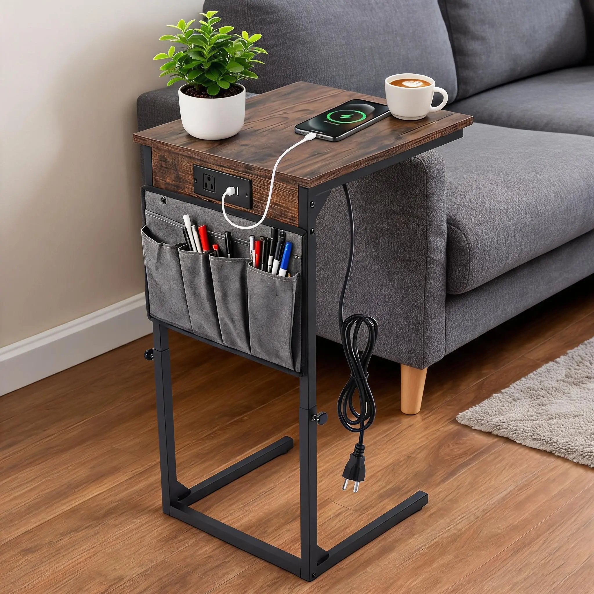 C Shaped End Table with Charging Station & Hanging Organizer, Adjustable Height 18"-32", Portable Sofa Side Table for Couch & Bed, Black