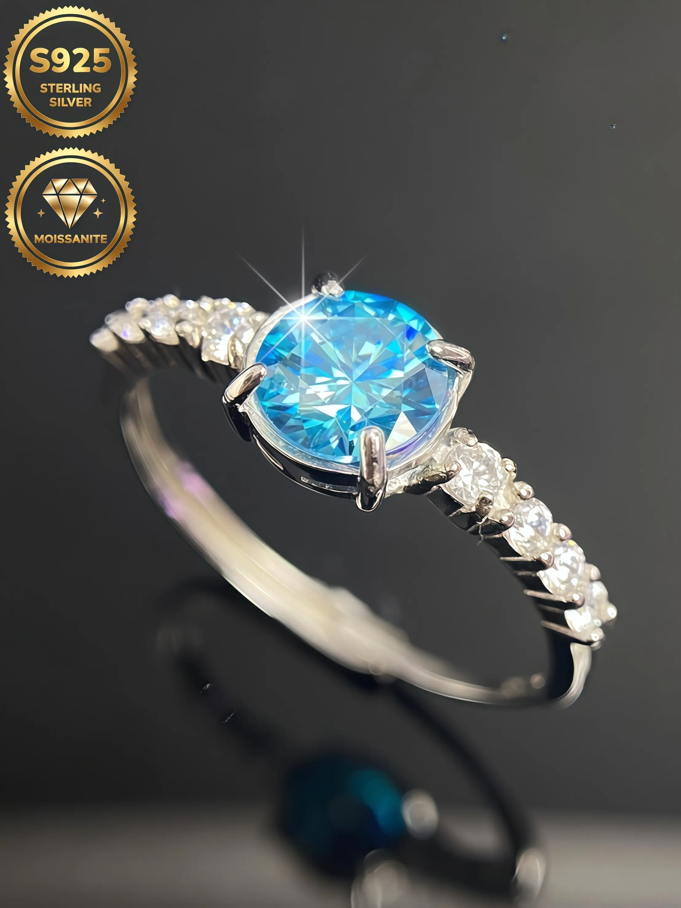 Sea Blue Moissanite Ring, D Color, S925 Sterling Silver, Elegant Design, Women's Non-Tarnish Band, Perfect for Engagement, Anniversary, Birthday