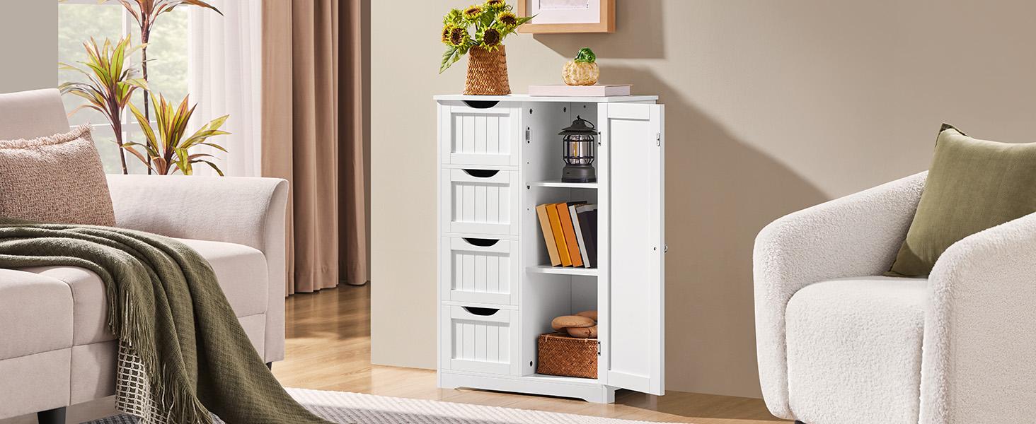 Wooden Floor Cabinet, Side Storage Organizer with 4 Drawers and 1 Cupboard, Freestanding Entryway Storage Unit Console Table, Bathroom Furniture Home Decor, White