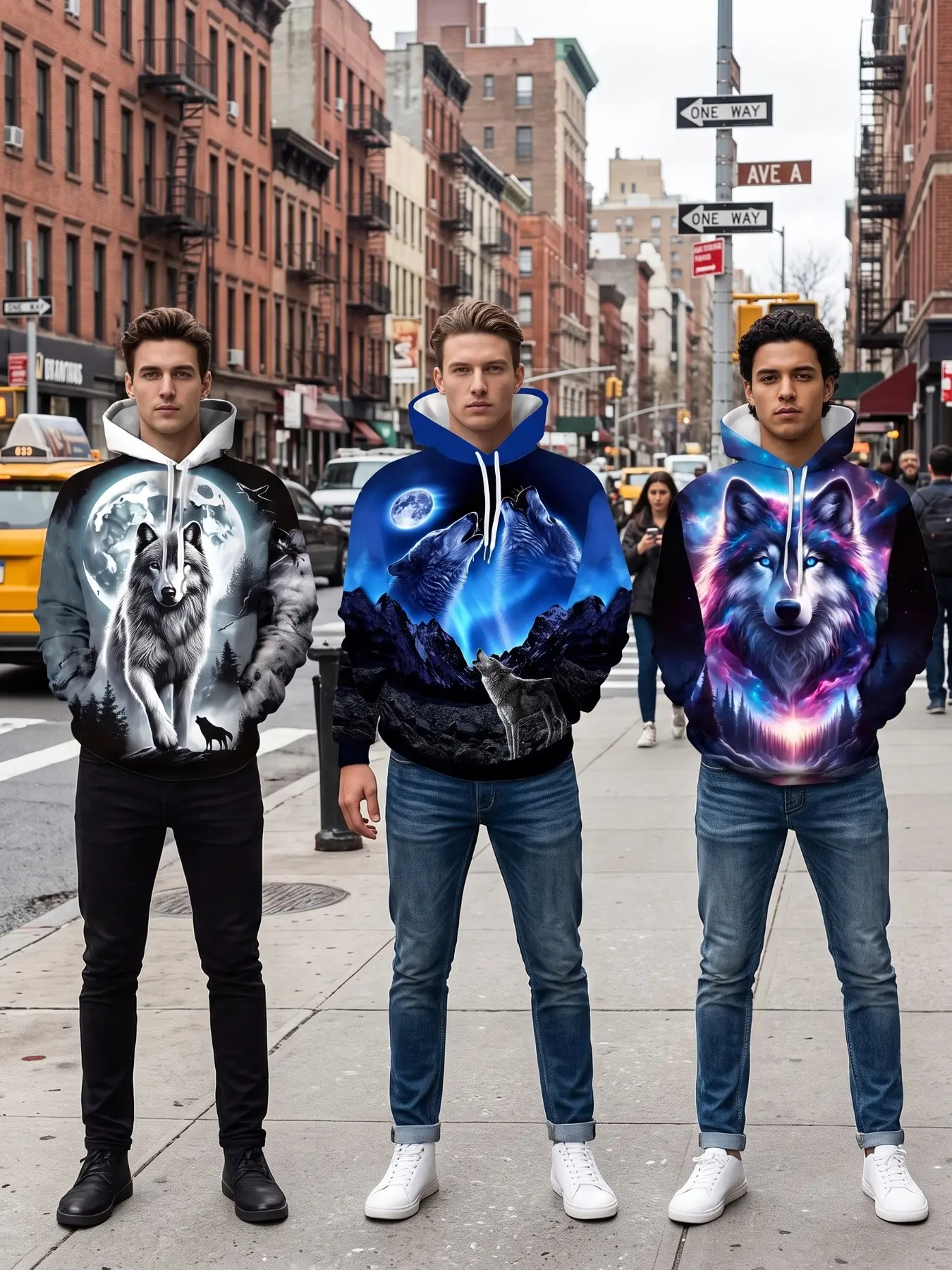 Men's 3D Wolf Totem Hoodie Set, Moonlit Lone Wolf + Twin Wolves Howling + Aurora Wolf Head, Fall Winter Warm Streetwear Loose Fit