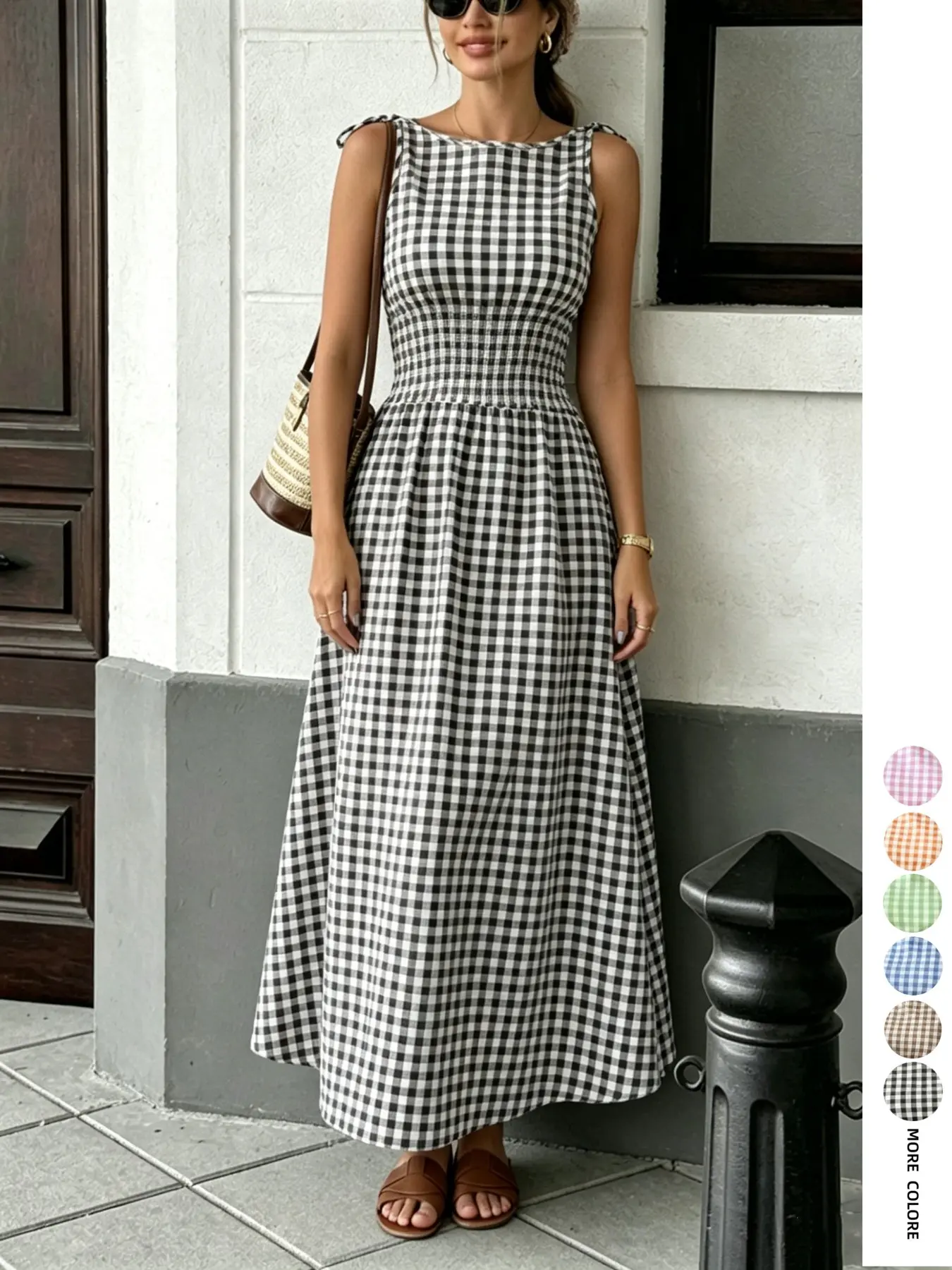 Summer Retro Plaid Elastic Waist Sleeveless Long Dress, Flowy A-Line Maxi Dress, Casual Chic Vacation Wear