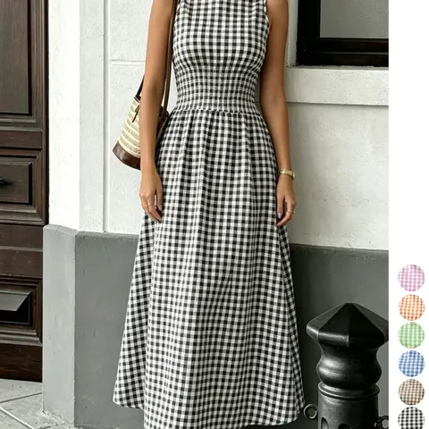 Summer Retro Checkered Plaid Elastic Waist Sleeveless Flowy A-Line Maxi Dress, Casual Chic Vacation Wear