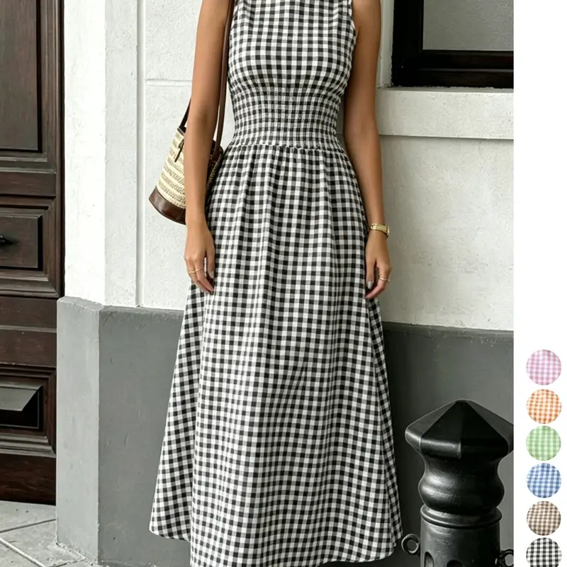 Summer Retro Checkered Plaid Elastic Waist Sleeveless Flowy A-Line Maxi Dress, Casual Chic Vacation Wear