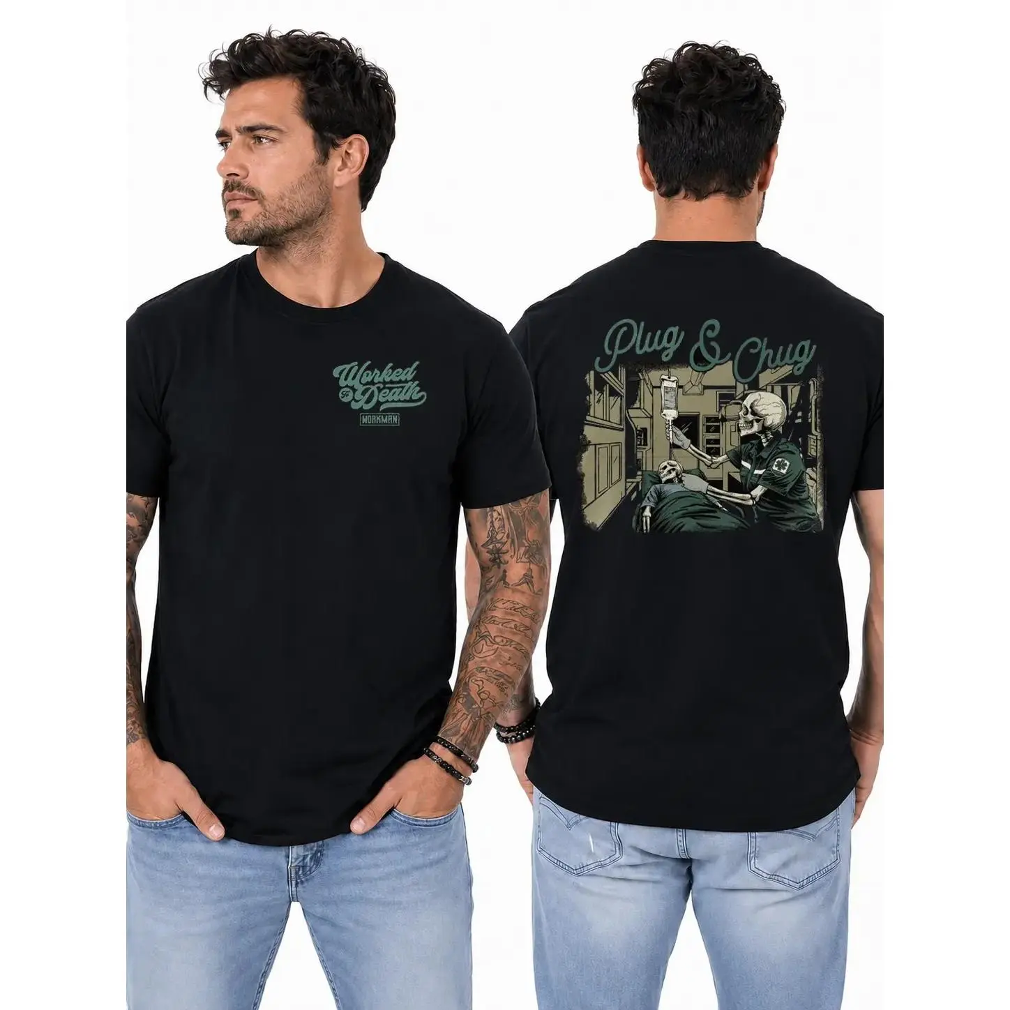 Plug & Chug Paramedic T-Shirt, Skeleton EMT Giving IV Fluid Graphic Design, First Responder Work Shirt for Paramedics & Emergency Medical Technicians, Gift for EMS Workers or Ambulance Crews