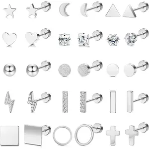15 Pairs Tiny Cartilage Stud Earrings Star Moon Circle Bar Heart Trague Stud Earrings Set for Women Flat Back Cross CZ Earrings Stainless Steel Ear Piercing Set