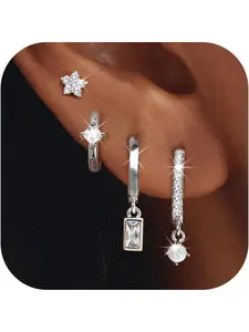 4 Pairs Silver Earrings for Women, Gold Filled/Sterling Silver Filled Small Stud Hoop Earrings Set for Multiple Piercing, Hypoallergenic Cartilage Huggie Earring Pack Stacks Trendy Jewelry Gifts