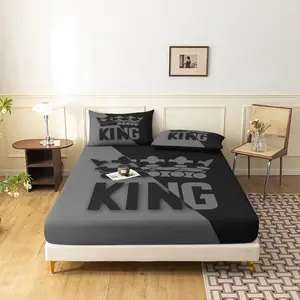 3 Pieces Black Gray Split KING Crown Print Fitted Sheet Set, Minimalist Letter Crown Modern Man Print Bedding, Soft Microfiber Masculine Aesthetic Bedding Decor for Men Adults (1 Fitted Sheet + 2 Pillowcases, No Pillow)