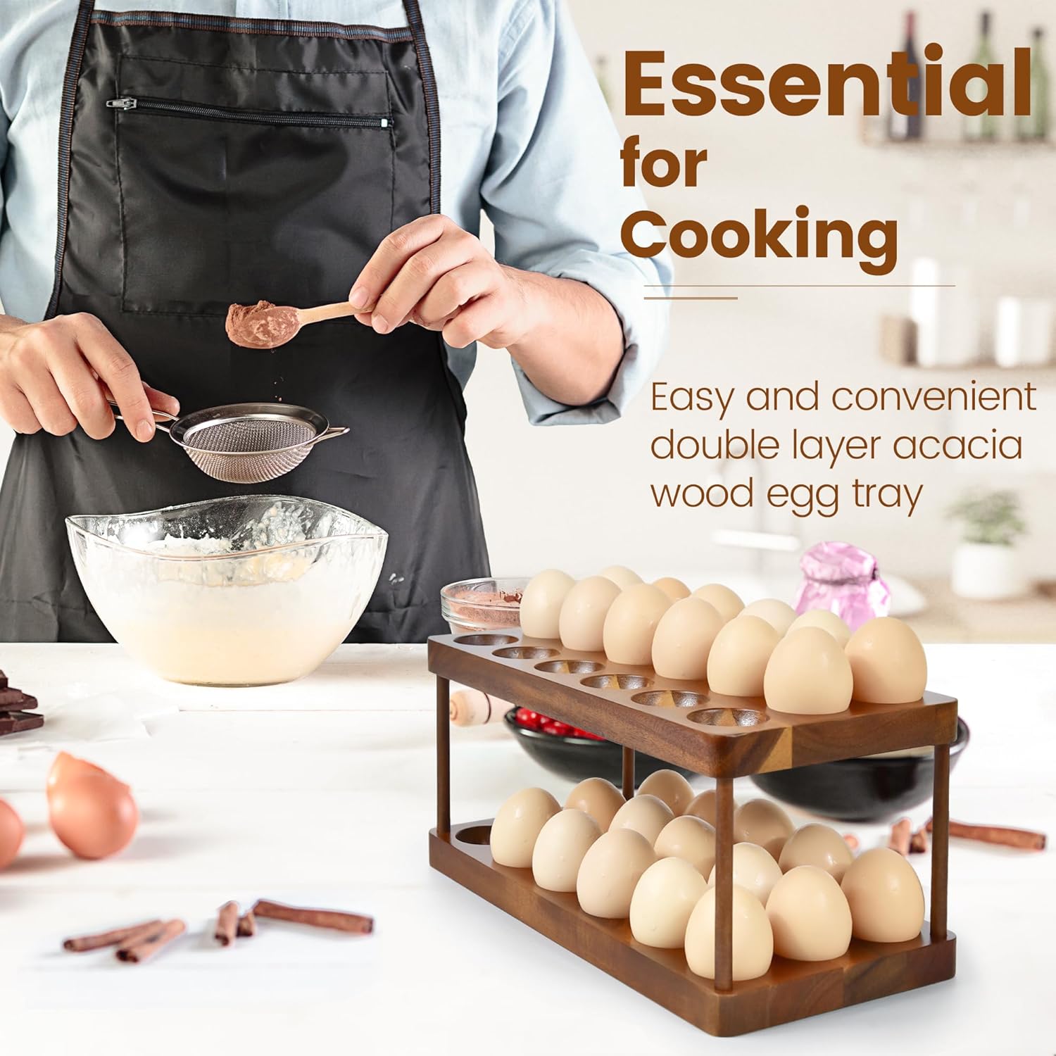 Wooden Double Layer Egg Holder - Farmhouse Kitchen Acacia Egg Tray Organizer - 2 Tier Fresh Egg Storage Rack Basket for Countertop, 36 Capacity