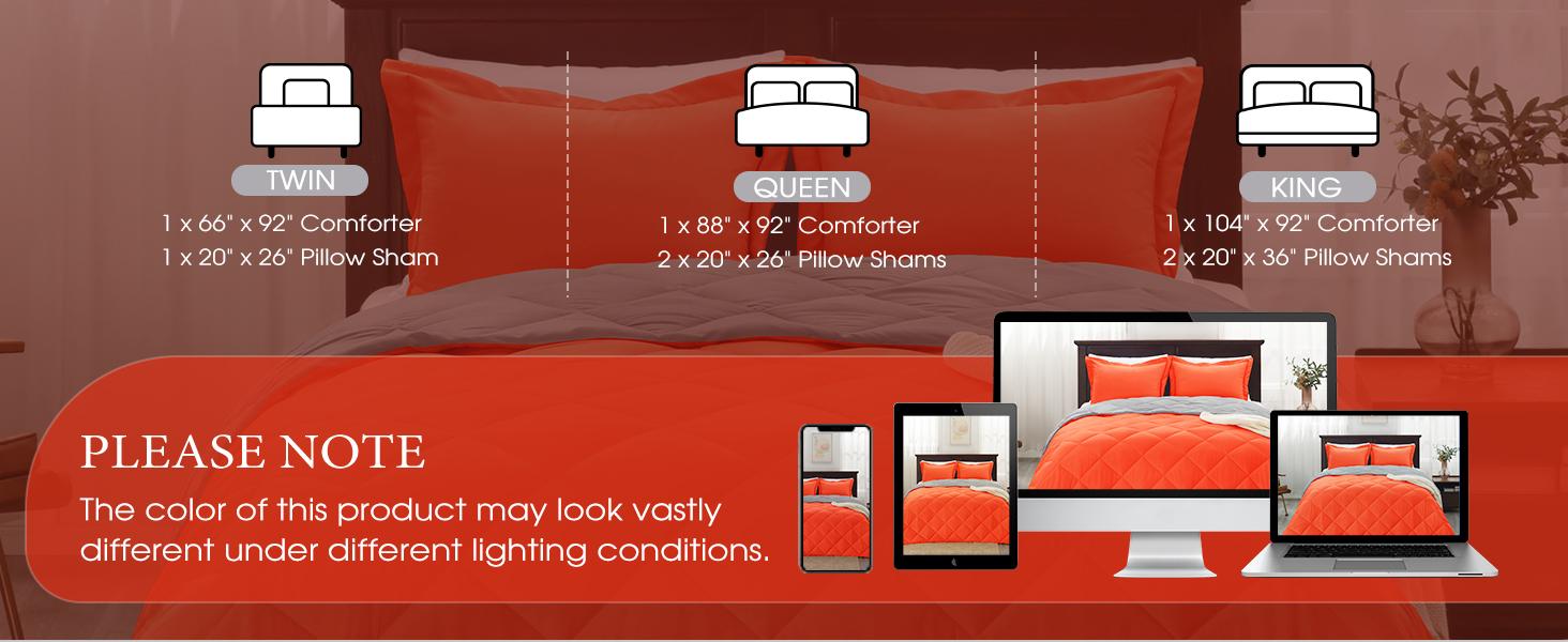 Queen Comforter Set - Orange Comforter Set Queen, Reversible Bed Comforter Queen Set for All,/Charcoal Gray, 1 Comforter (88"x92") and 2 Pillow Shams (20"x26"+2")