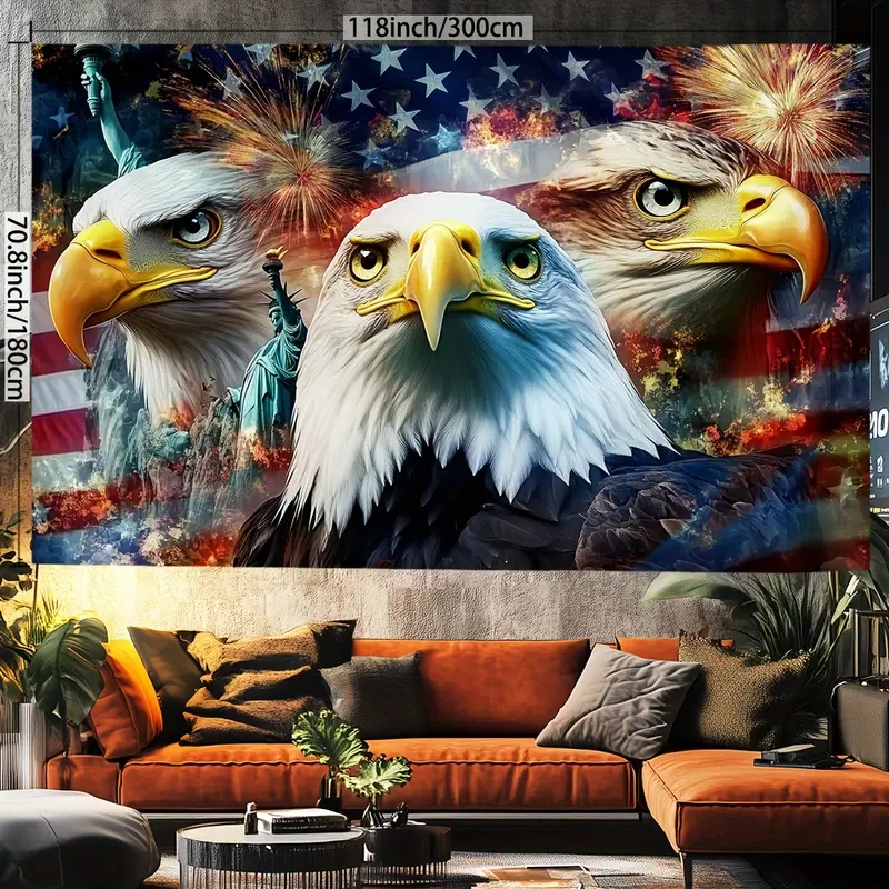 Smooth 1-Piece Polyester Bald Eagle American Flag Tapestry, Patriotic Statue of Liberty Wall Hanging, USA Freedom Wall Art, Vintage American Decor, Includes Free Hanging Hooks, Ideal for Bedroom, Living Room, Decoration