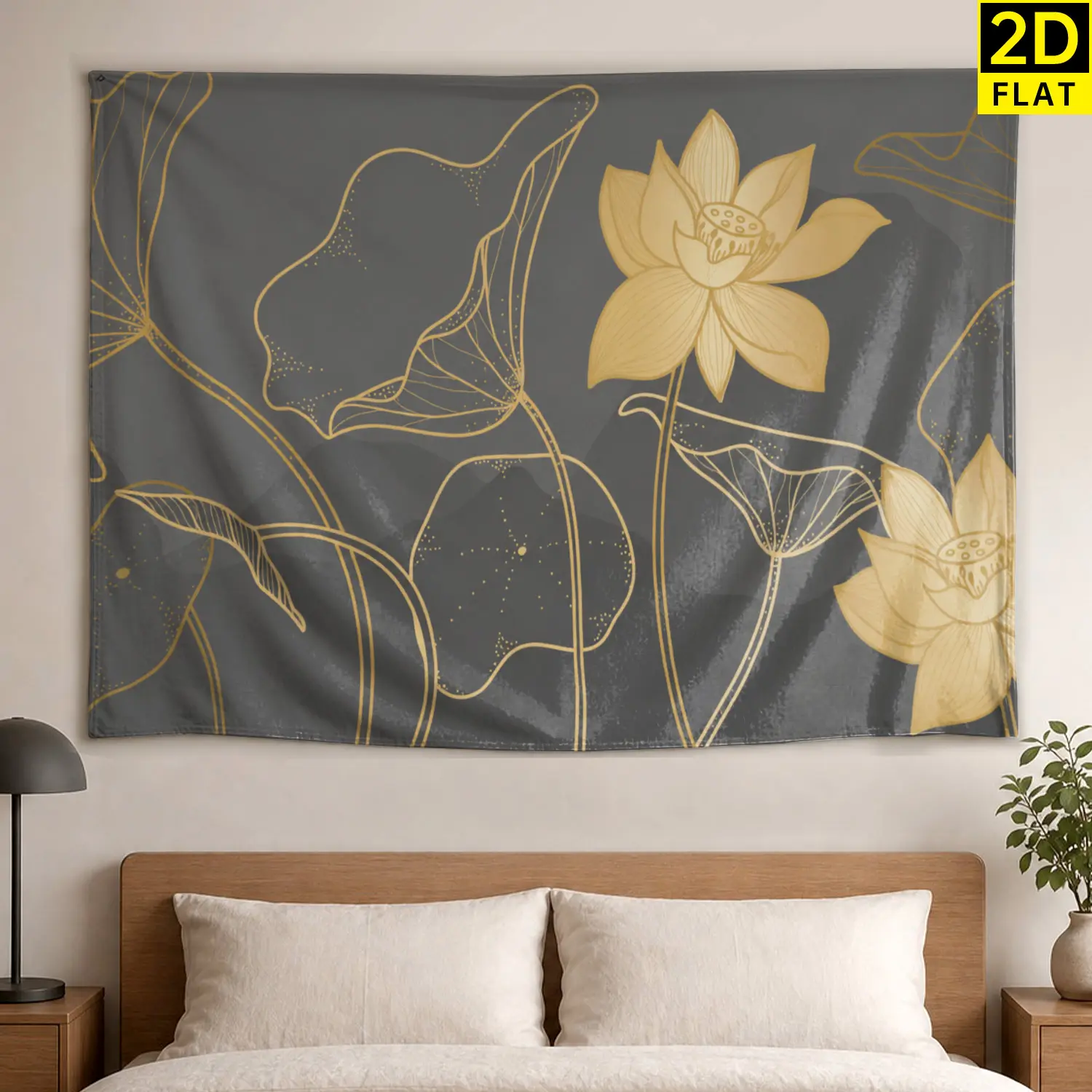 Minimalist Gold Lotus Flower Line Art Wall Tapestry - Large Horizontal Polyester Printed Hanging with Pegs, No Installation Required, Family Gift for Indoor-Outdoor Decoration, Room Decorations for Living Room