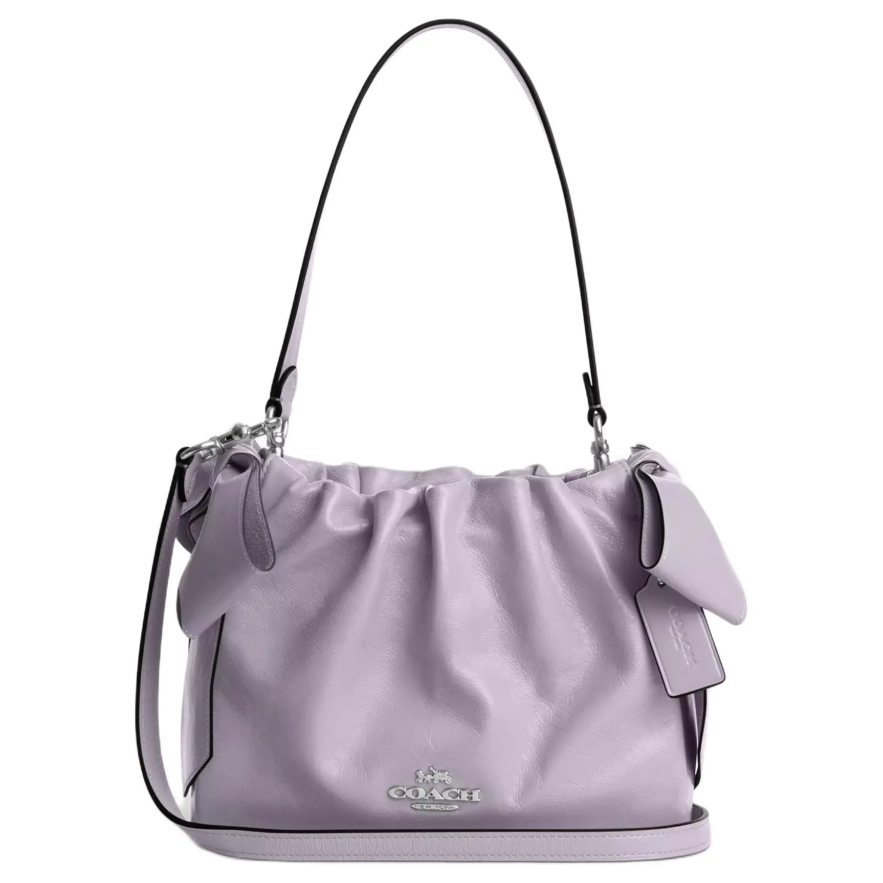 COACH Faye 22 Small Crossbody Bag for Women with Bow Details, Drawstring Closure, Magnetic Snap, Shiny Woven Leather, Purple