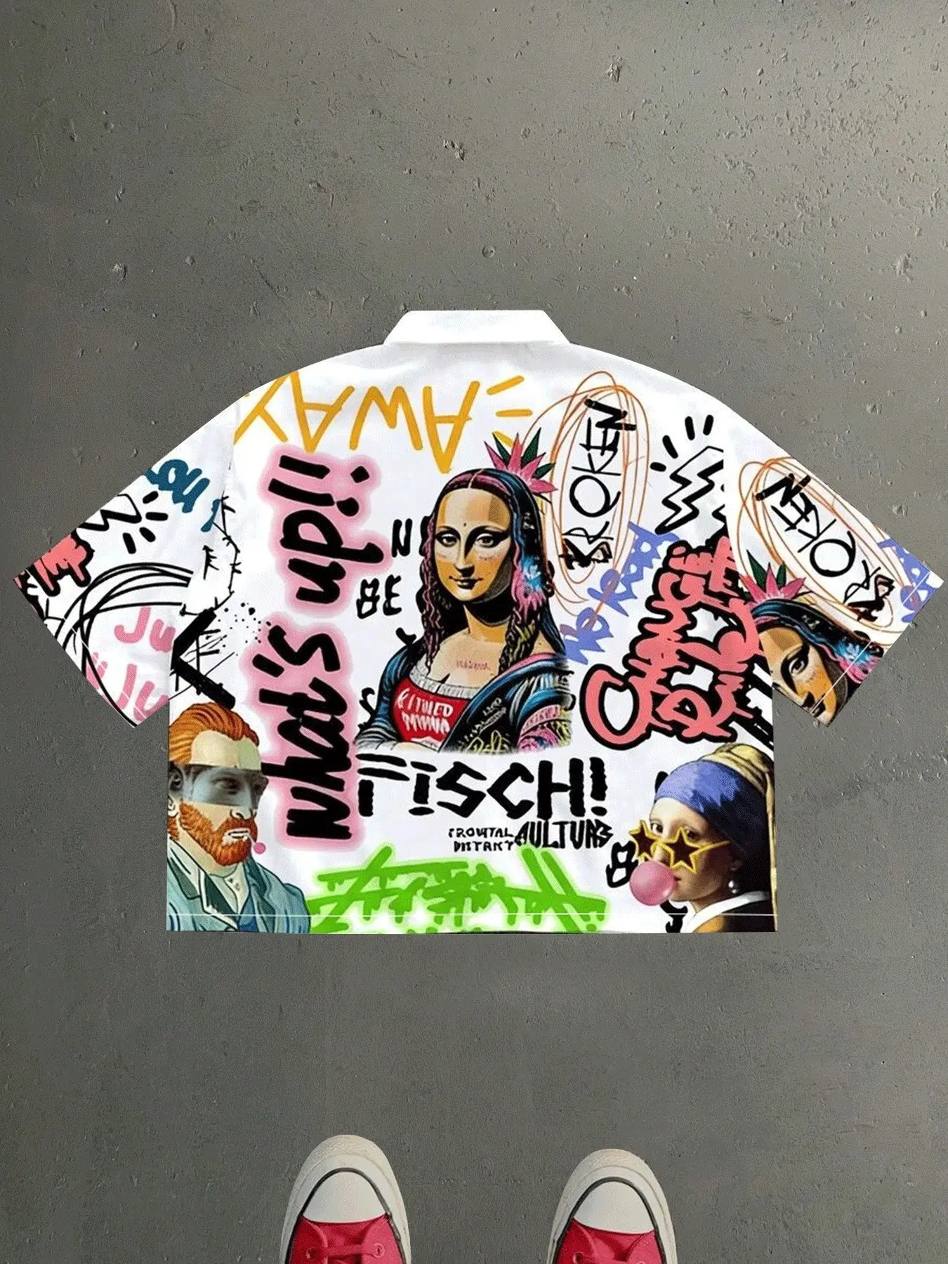 Men's Oversized Short Sleeve Button Down Camp Shirt, Mona Lisa Van Gogh Girl With Pearl Earring Graffiti Pop Art All Over Print Hip Hop Y2K Streetwear Loose Lapel Casual Summer Shirt for Men