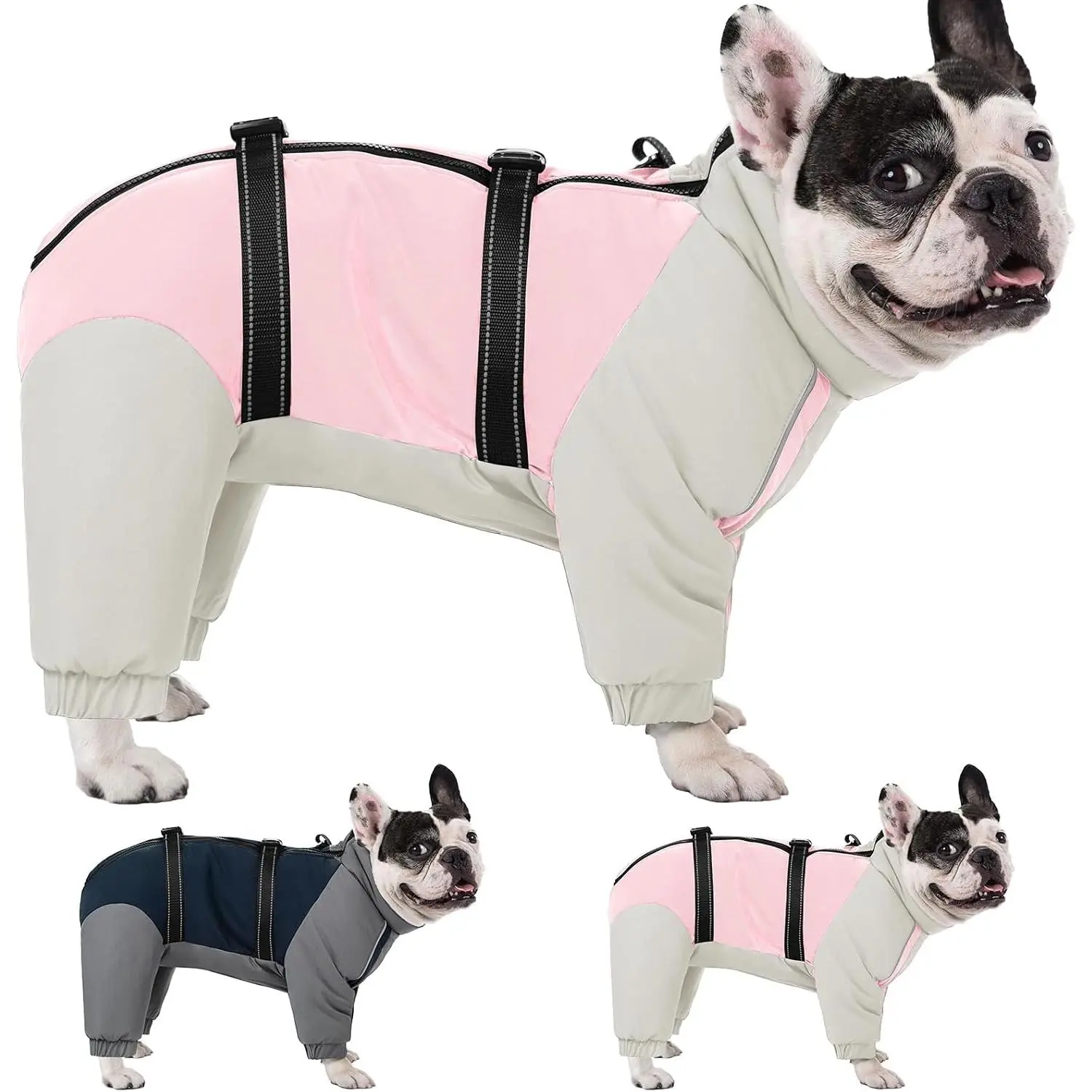 Four Legged Winter Coat, Warm  Jacket with Adjustable Buckles, Turtleneck Windproof Fleece Jackets, Reflective Fullbody Snowsuit Puffer Coat  Grey L
