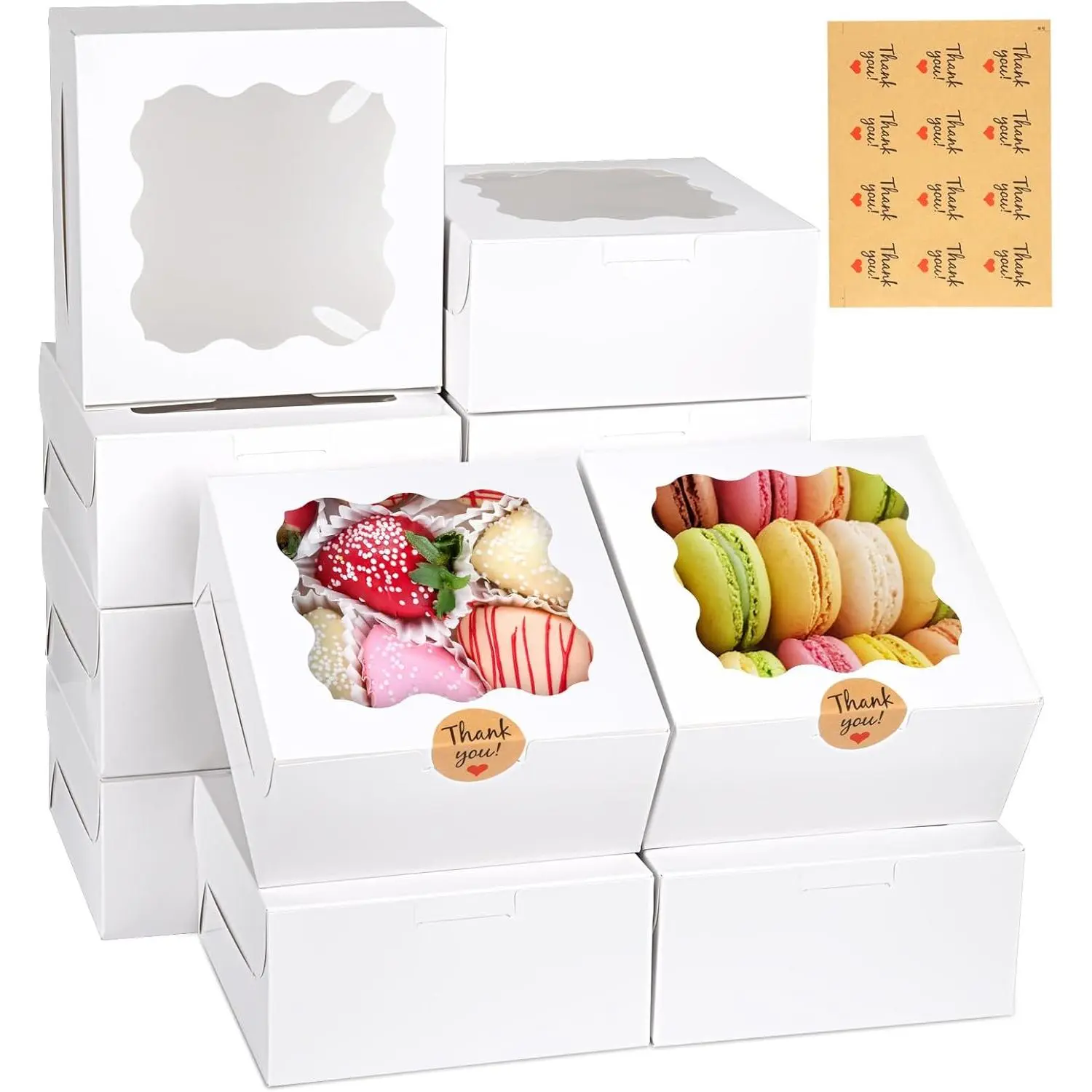 12-Piece Square Plastic Baking Storage Boxes (6x6x3 in, 108 Cubic In), White Dessert Boxes with Stickers for Birthday Mini Cake Bakery Gifts, Home Organizer Bins