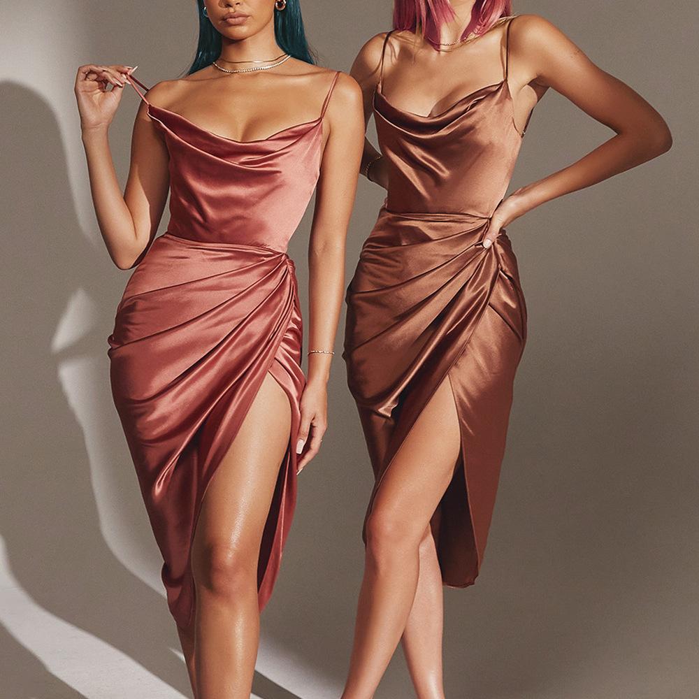 Satin Cowl Neck Midi Dress, Spaghetti Strap Ruched Bodycon Slit Dress, Elegant Cocktail Party Wedding Guest Dress for Women, Y2K Fashion Streetwear
