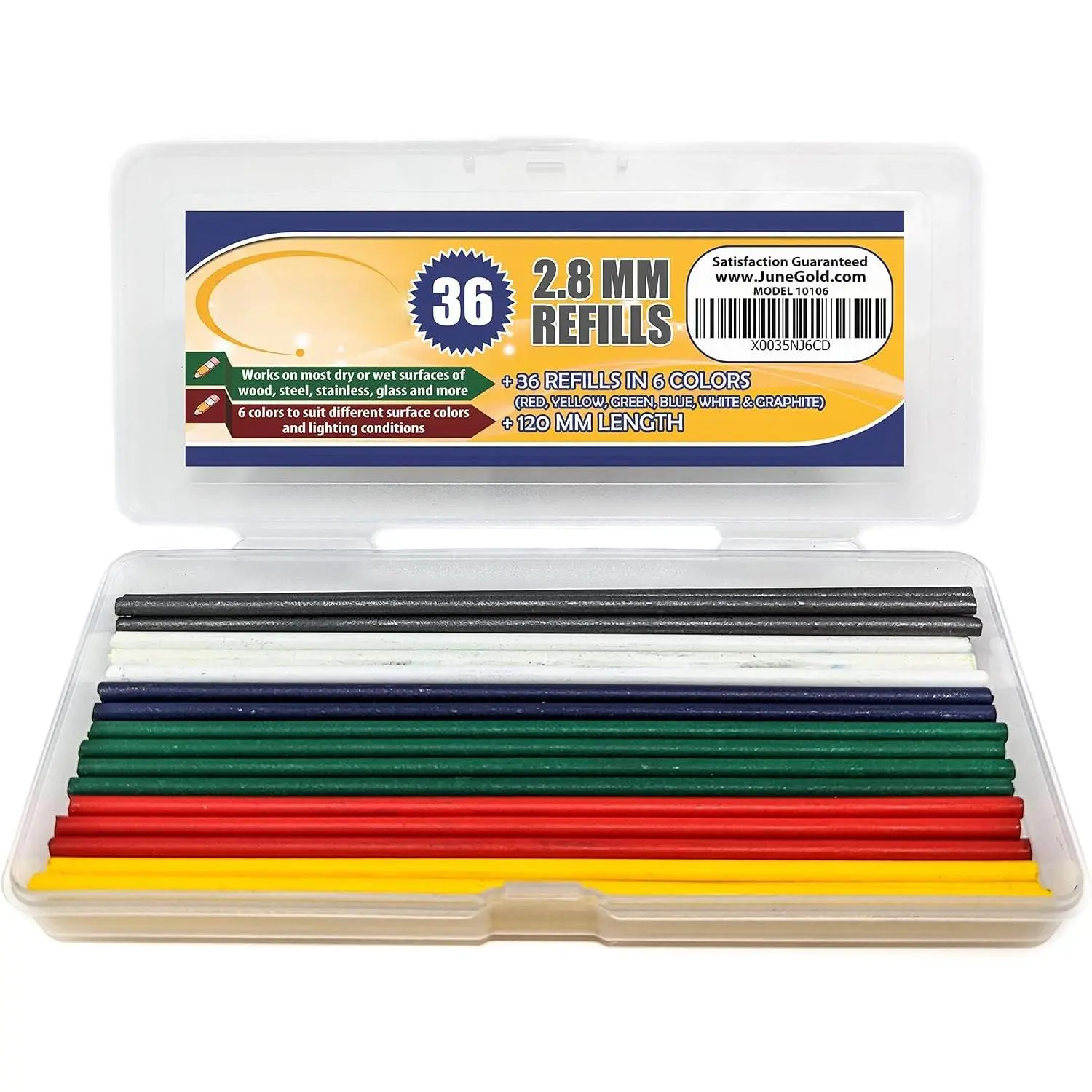 36 Colored 2.8 mm Lead Refills, 6 Colors, Deep or Long /Nose | Nib Pencil Refills in Red, Yellow, Green, Blue, White, & Black