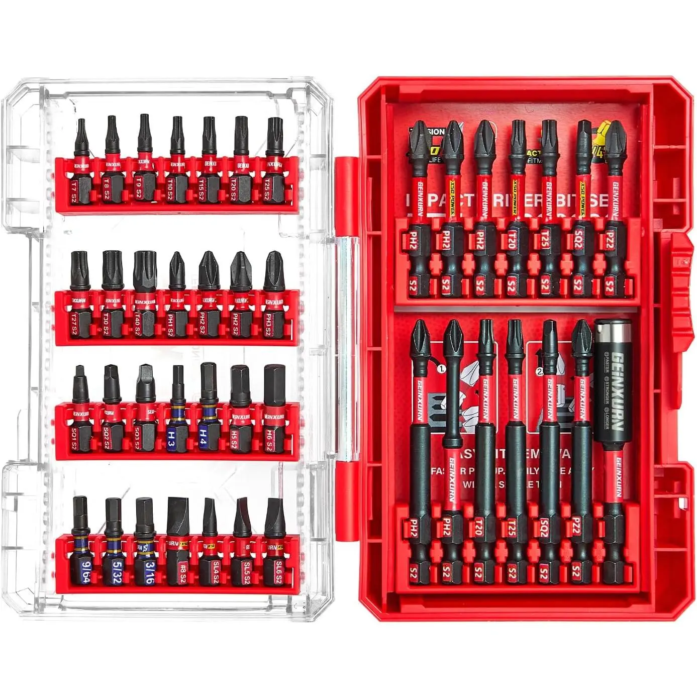 42Pieces Impact Screwdriver Bits Set, Magnetic S2 Steel Phillips/Slotted/Square/Torx Insert Power Bits Tips, Impact Bit Holder with Red Storage Box Case