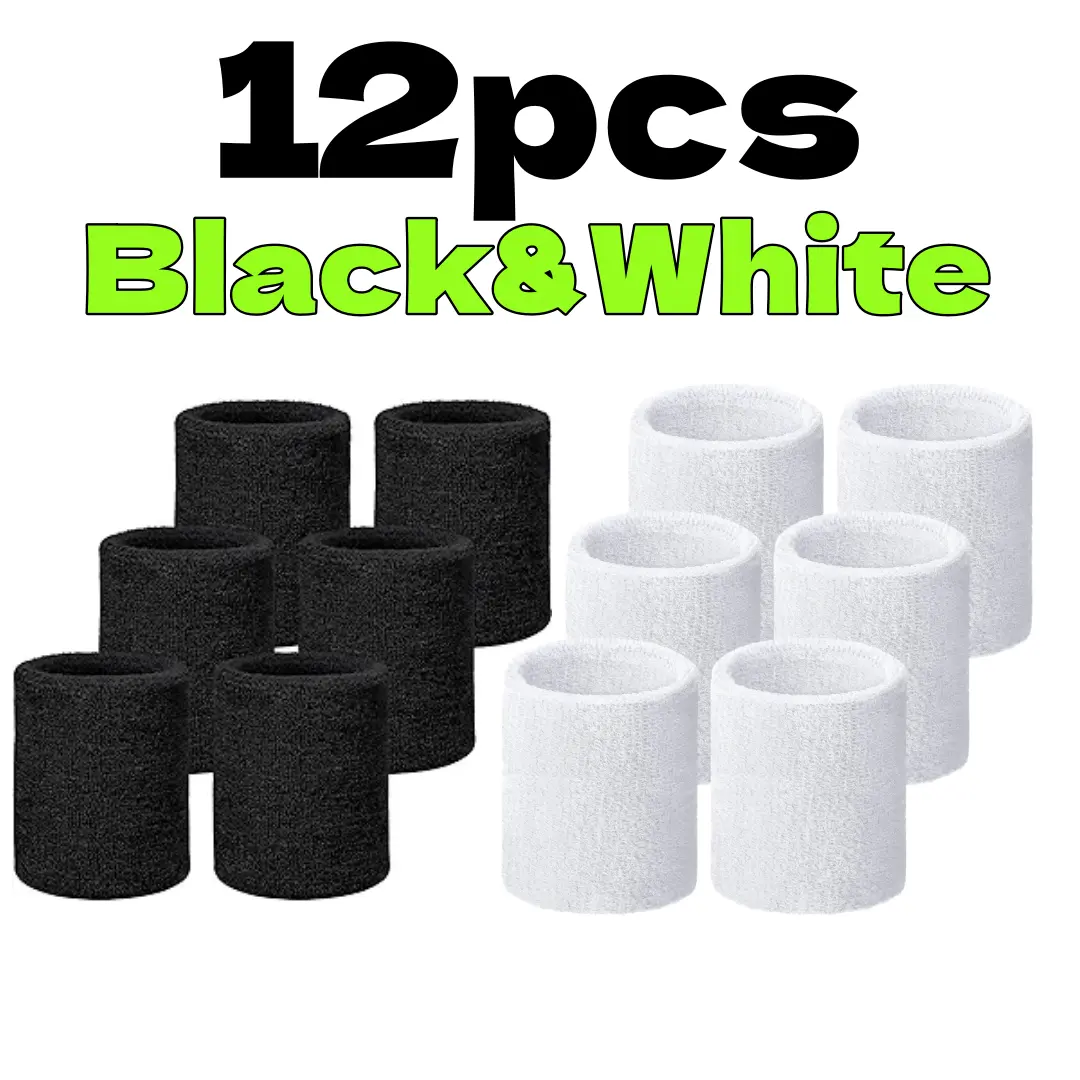 12pcs Wrist Sweatbands, Sports Sweatbands for Competition, Sweat Absorbent, for Basketball, Tennis, Football, Running And Work (Black & White)