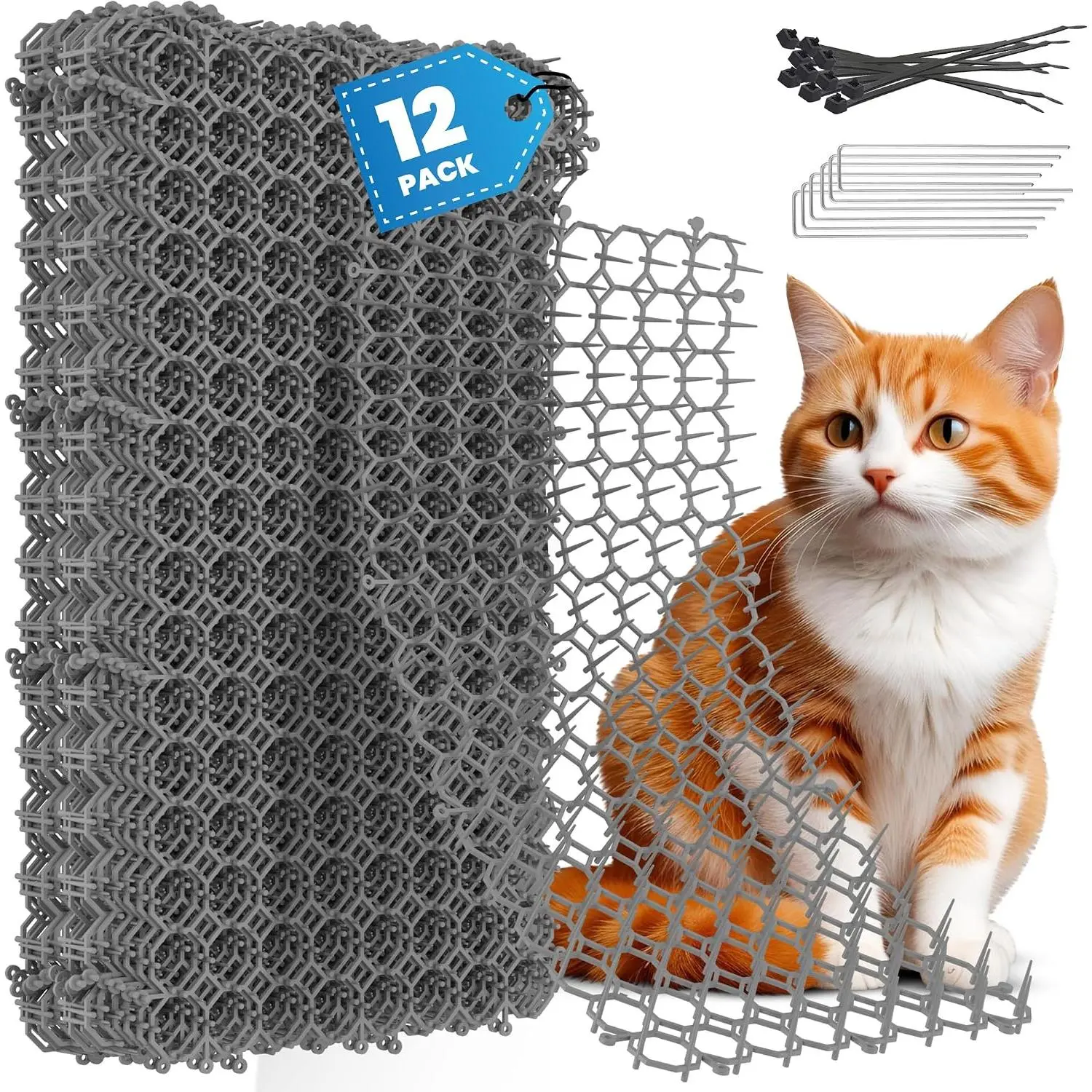 12 Pack Scat Mat for Cats - 16 x 8 Inch  Deterrent Mat with Spikes with 1 Inch Spikes, 6 Garden  & 10 Zip Ties.   Mat for  Repellent Indoor & Outdoor