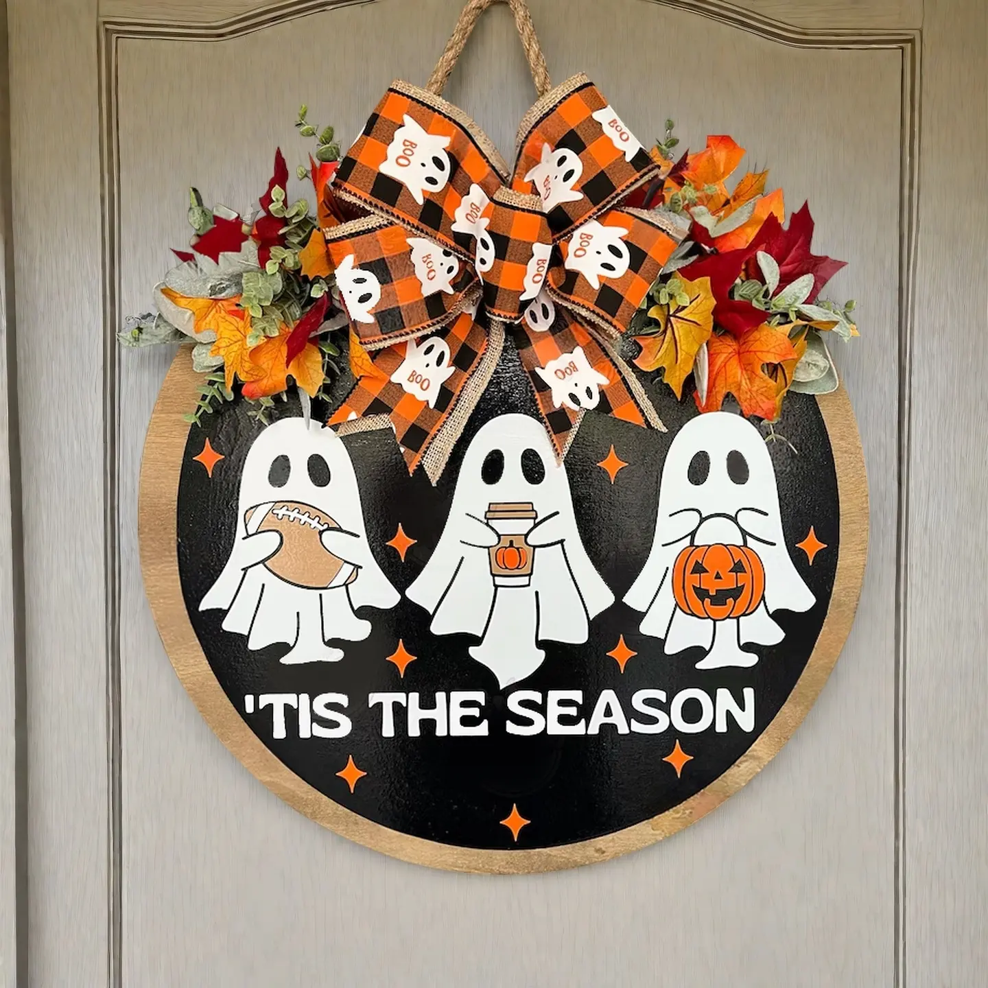 Halloween Ghost Front Door Wreath, Happy Halloween Sign, Fall Maple Leaf Porch Decoration, Autumn Football Wreath, Front Door Decor