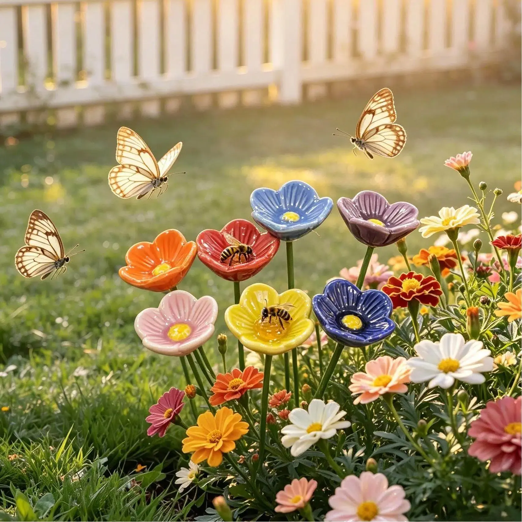 7pcs colorful ceramic flower and bee-shaped insect cups. Made from versatile ceramic, these durable pieces can be used as beehives, butterfly feeders, or path decorations, and are ideal for outdoor decor in home gardens and farms.