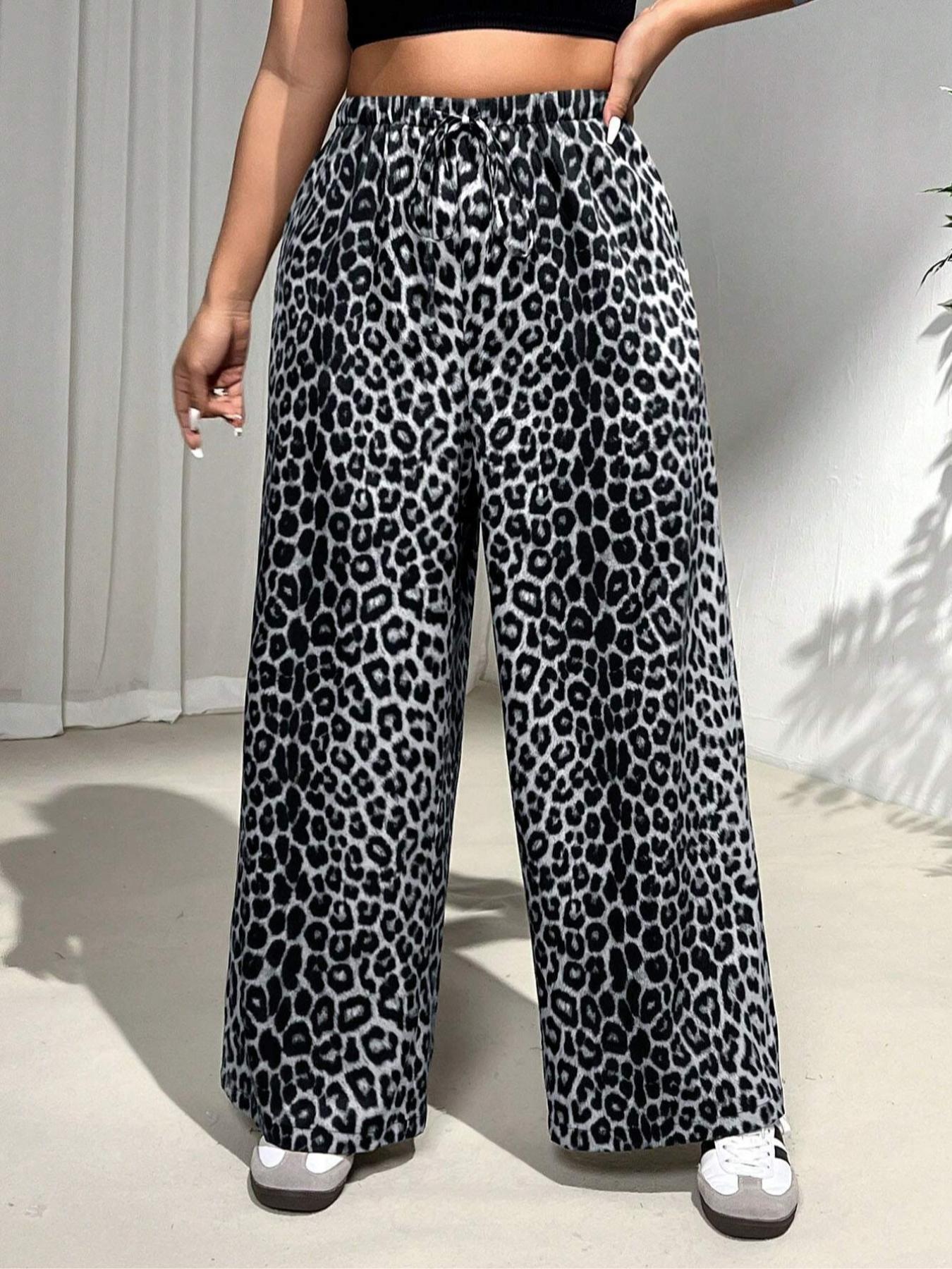 【Plus Size】 Leopard Print Wide Leg Pants, Casual Comfy Trousers for Daily Wear, Women's Bottoms for All Seasons, Casual Fashion Pants