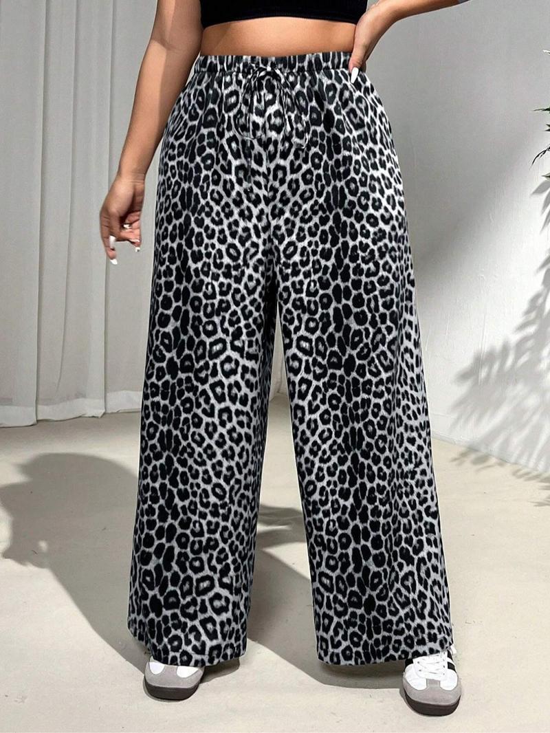 【Plus Size】 Leopard Print Wide Leg Pants, Casual Comfy Trousers for Daily Wear, Women's Bottoms for All Seasons, Casual Fashion Pants