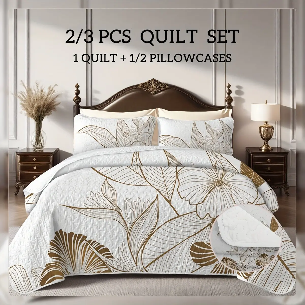 2/3pcs Fashion Leaf Soundwave Technology Printed Quilt Set(1 Quilt + 1/2 Pillowcases), 100% Polyester Durable And Soft Summer Bedspread Set, Machine Washable And Breathable, All-Season, Perfect Room Decor, Ideal Holiday/Summer Gift