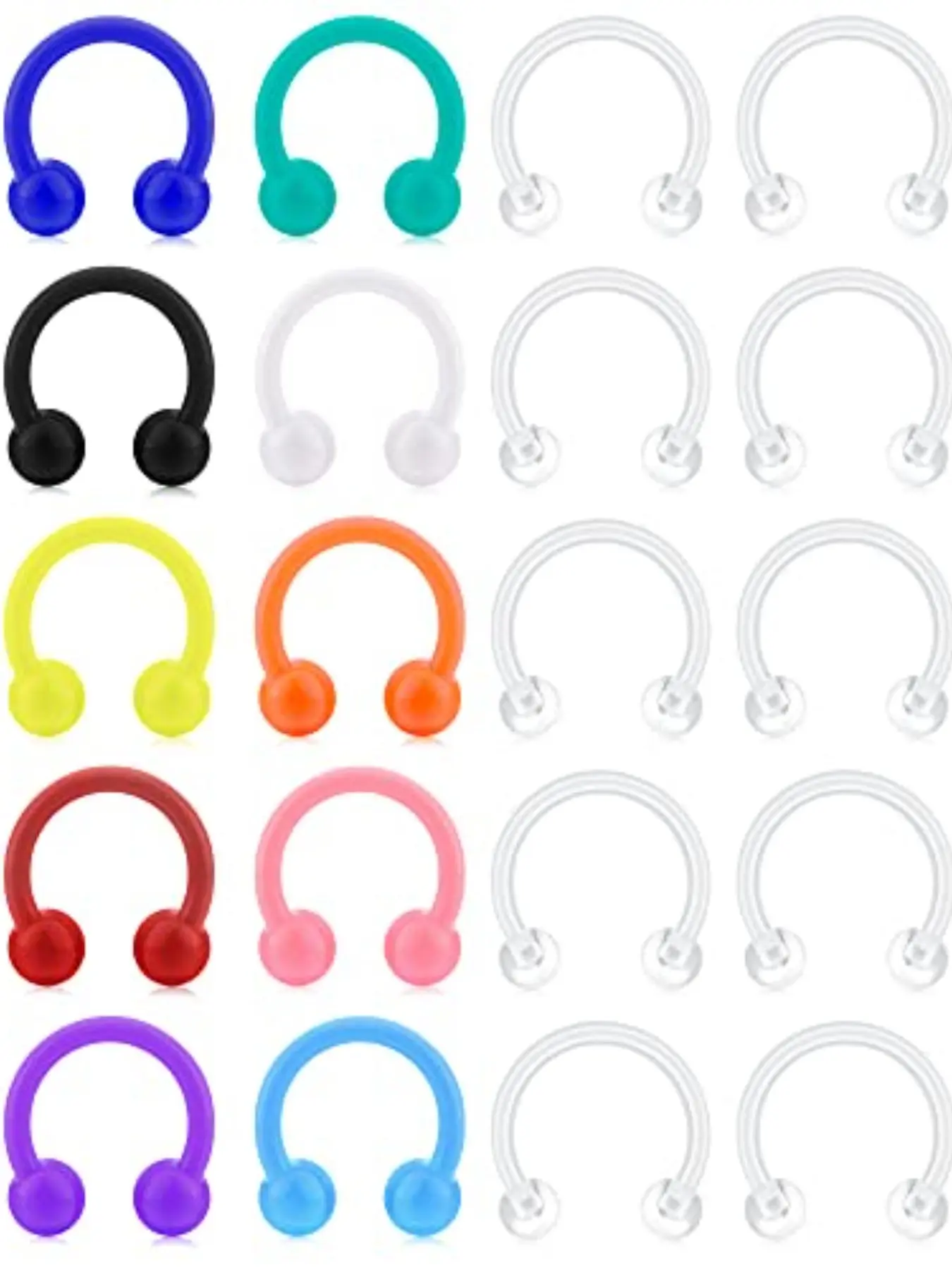 20Pcs 16G Colorful Clear Septum Rings Clear Horseshoe Piercing Retainers Flexible Acrylic Tragus Helix Hoop Acrylic Nose Lip Eyebrow Earring Retainer for Work Surgery 8mm
