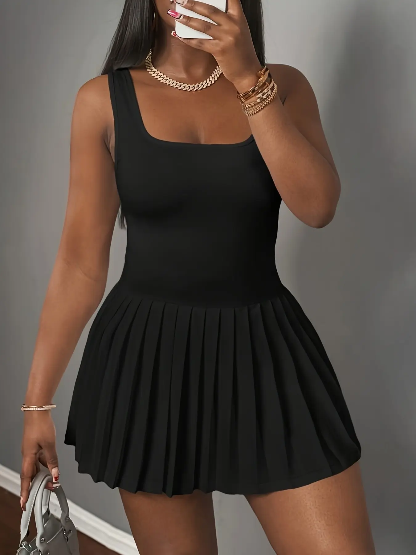 Women's Sexy Casual Square Neck Sleeveless Pleated Sport Dress, Commute/tennis/fitness/dating, Comfortable and Stylish Design