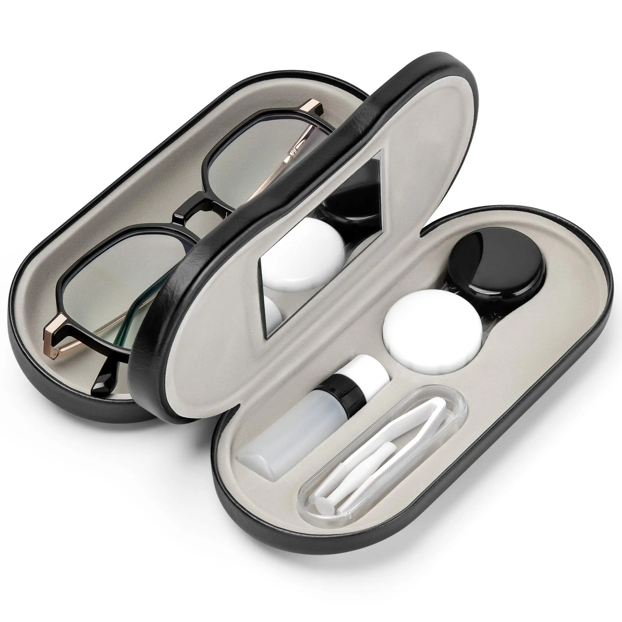 2-in-1 Contact Lens & Glasses Combo Case - PU Leather Eyewear Protector with Built-In Mirror, Lens Storage, Lightweight Compact Design for Travel, Daily Use, Polyurethane (Pu), Travel Use, Full Protection, Double-Sided Design, Space Saving, Flocked Fabric
