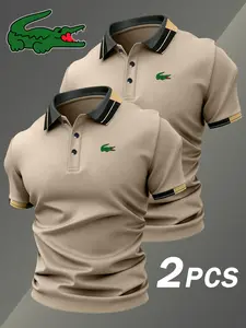 Men's Crocodile Print Polo Shirt, Elastic Casual Breathable Four Seasons Wear, Comfortable Durable High-End Polo, Two Pieces Set